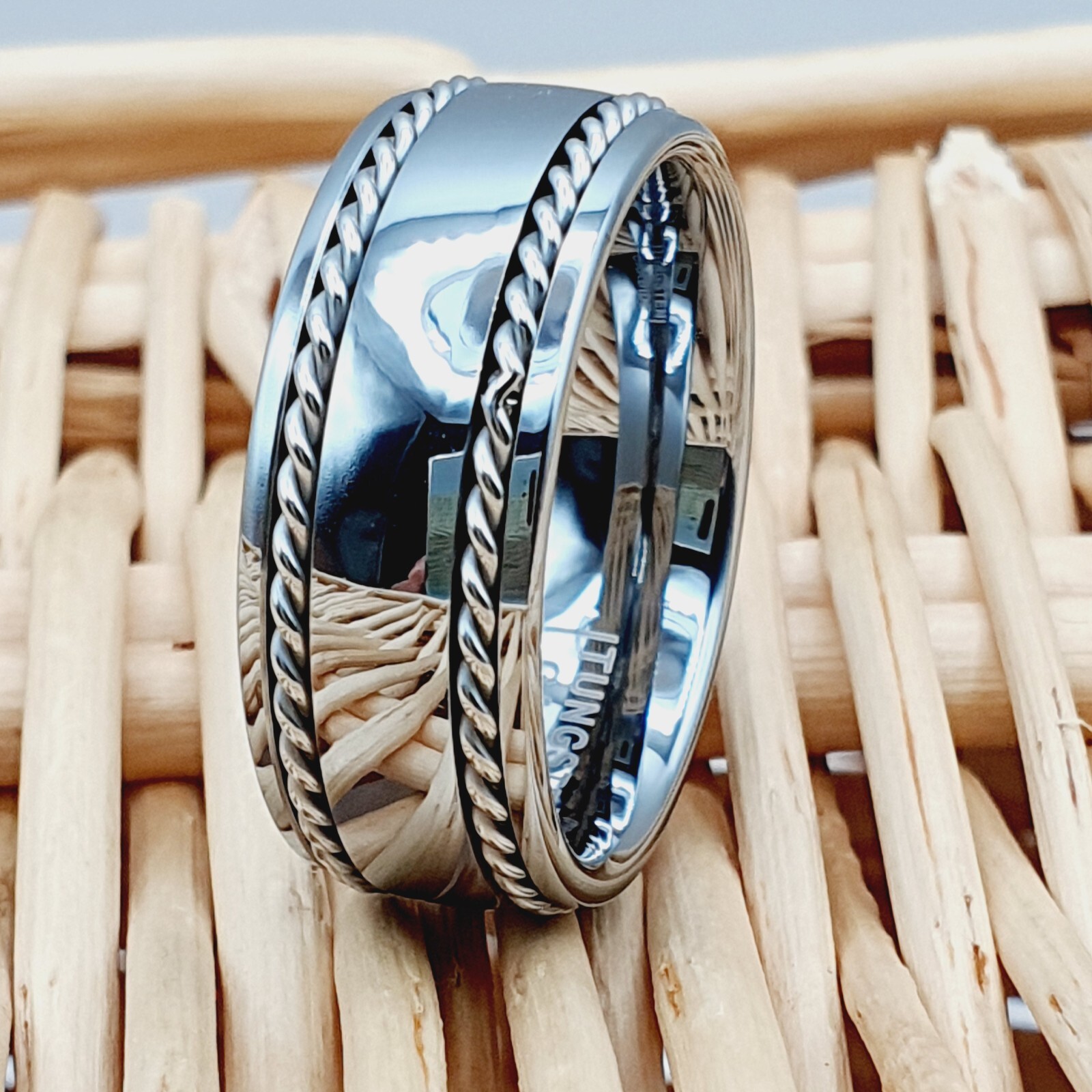 Braided Tungsten Band with Rope Inlay Men\'s Silver Tungsten Wedding Ring,