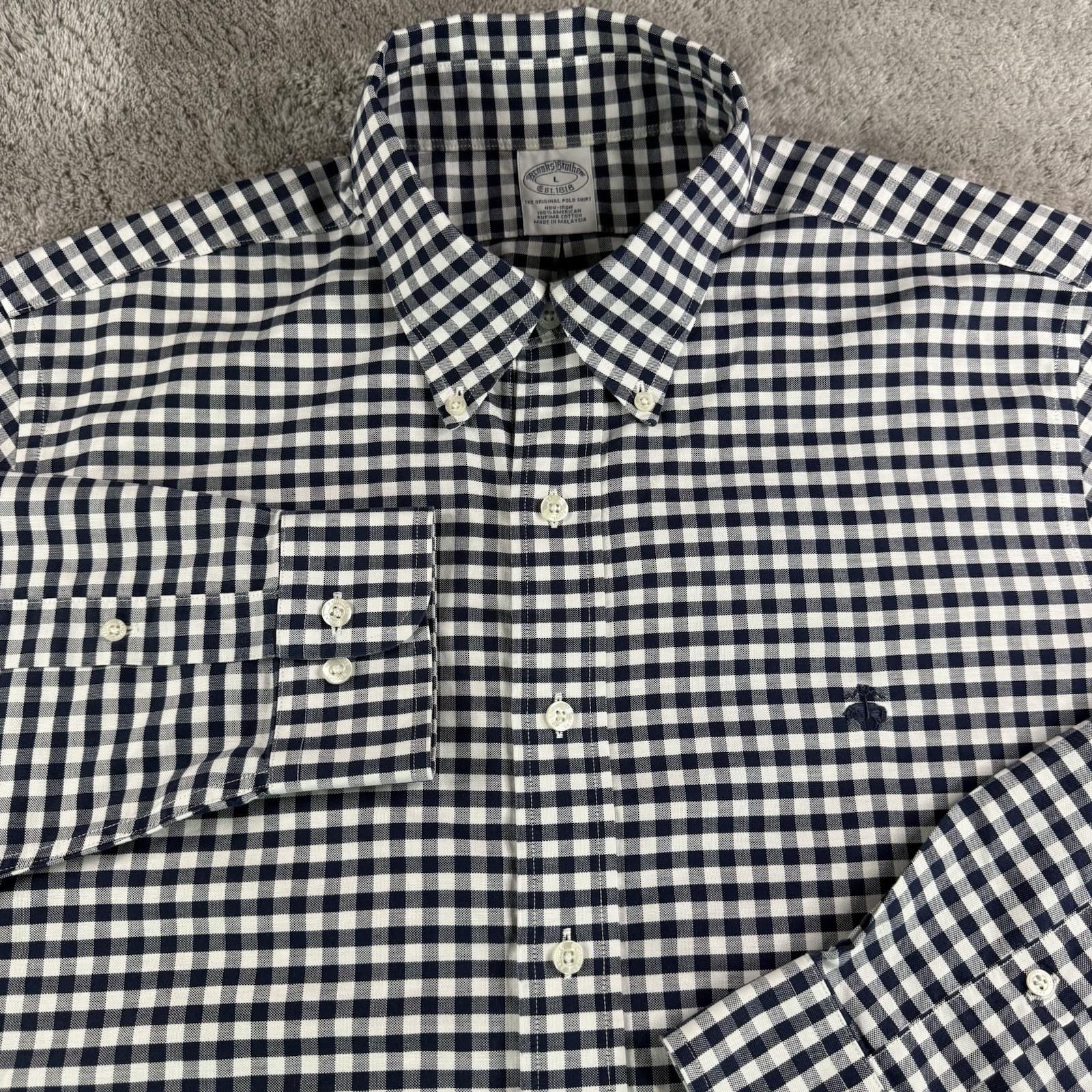 Brooks Brothers Original Polo Shirt Mens Large Navy Gingham Supima Cotton Oxford