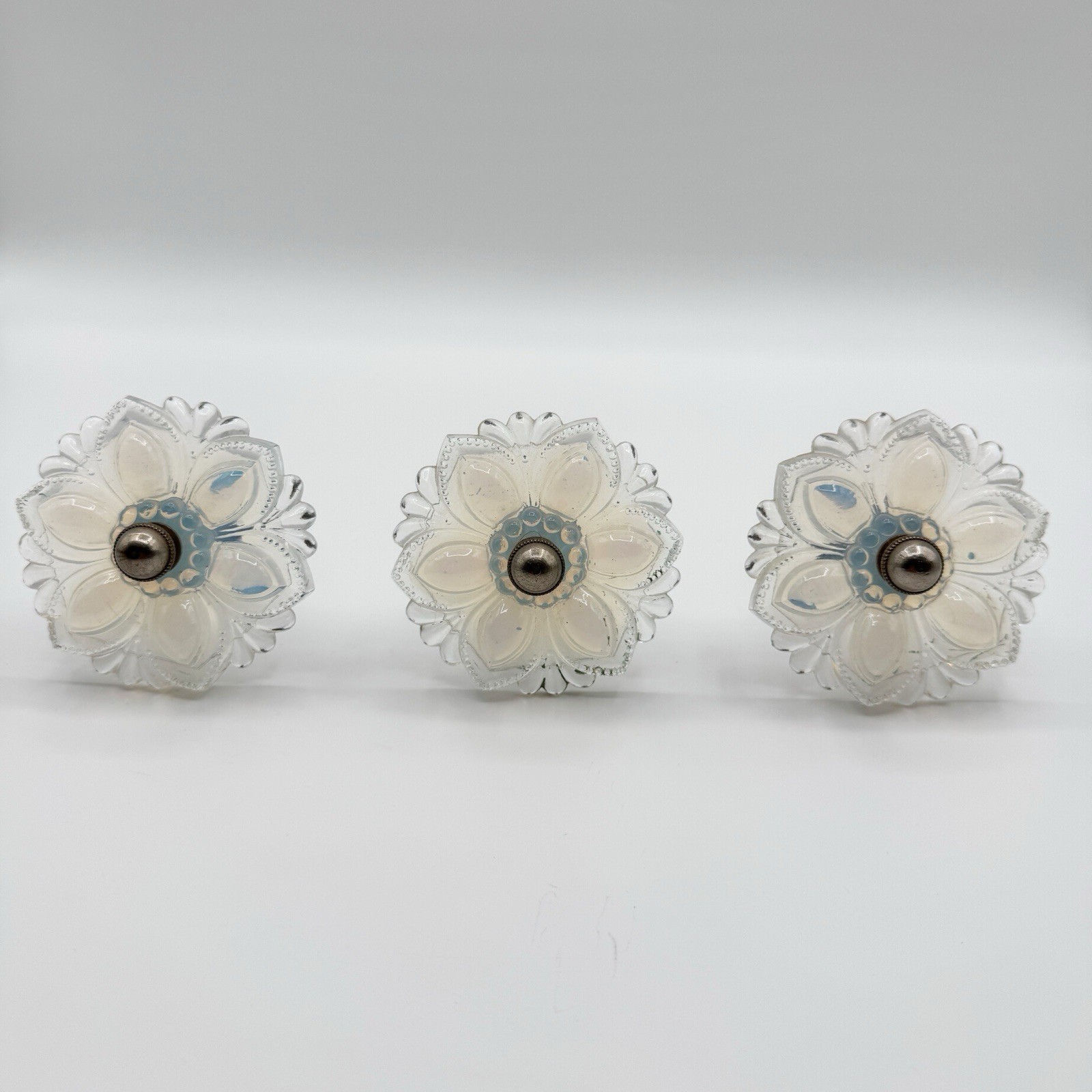 19th C Victorian Opalescent Pressed Sandwich Glass Flower Drapery Tiebacks 3 Set