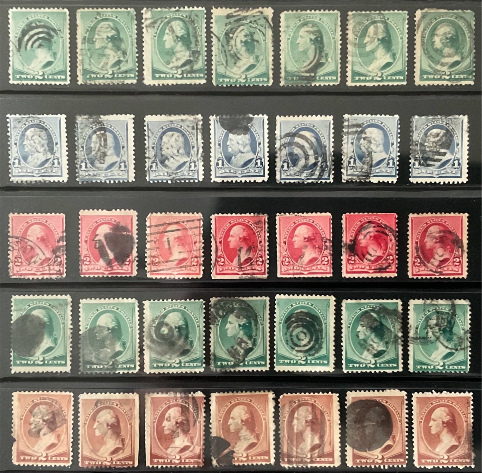 Group of 35 Very Old US Stamps Scott #210 213 219 220 Franklin Washington Used