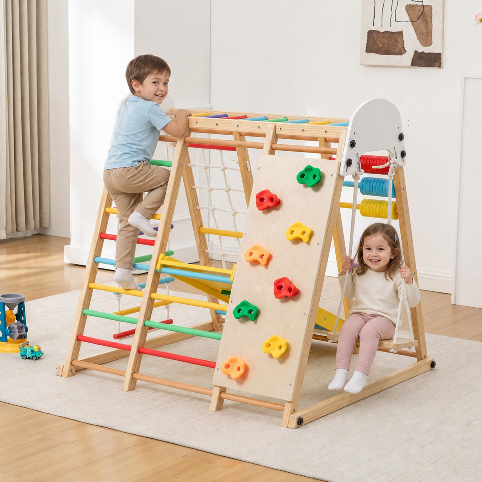 9-in-1 Foldable Wooden Kids Climbing Frame & Slide Playset