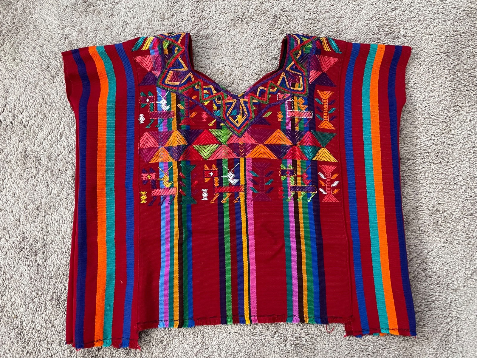 Vintage Handwoven Guatemalan Huipil Blouse – Vibrant Rainbow Stripes & Geometric