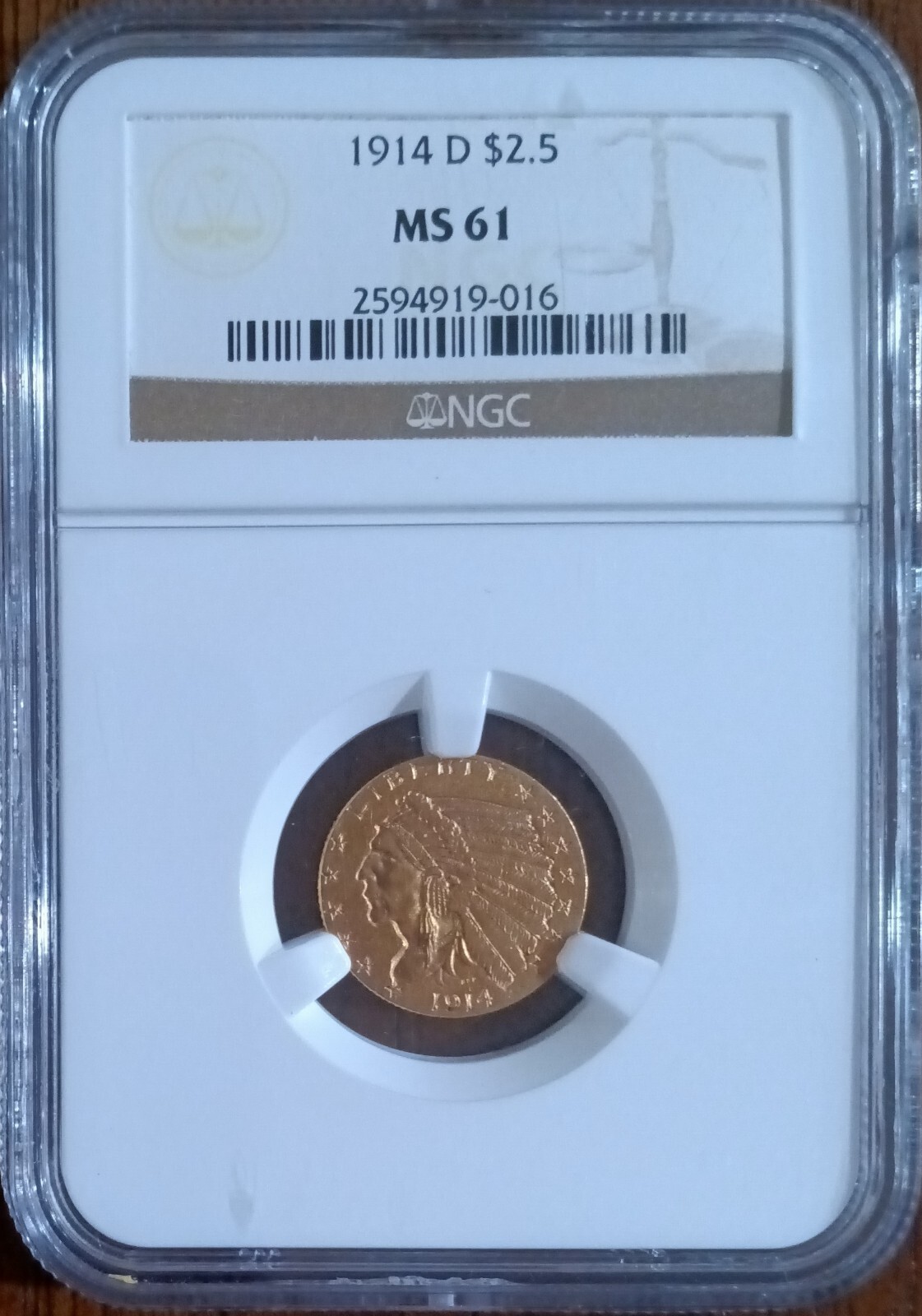 1914-D Indian $2 1/2 gold quarter eagle, NGC MS61