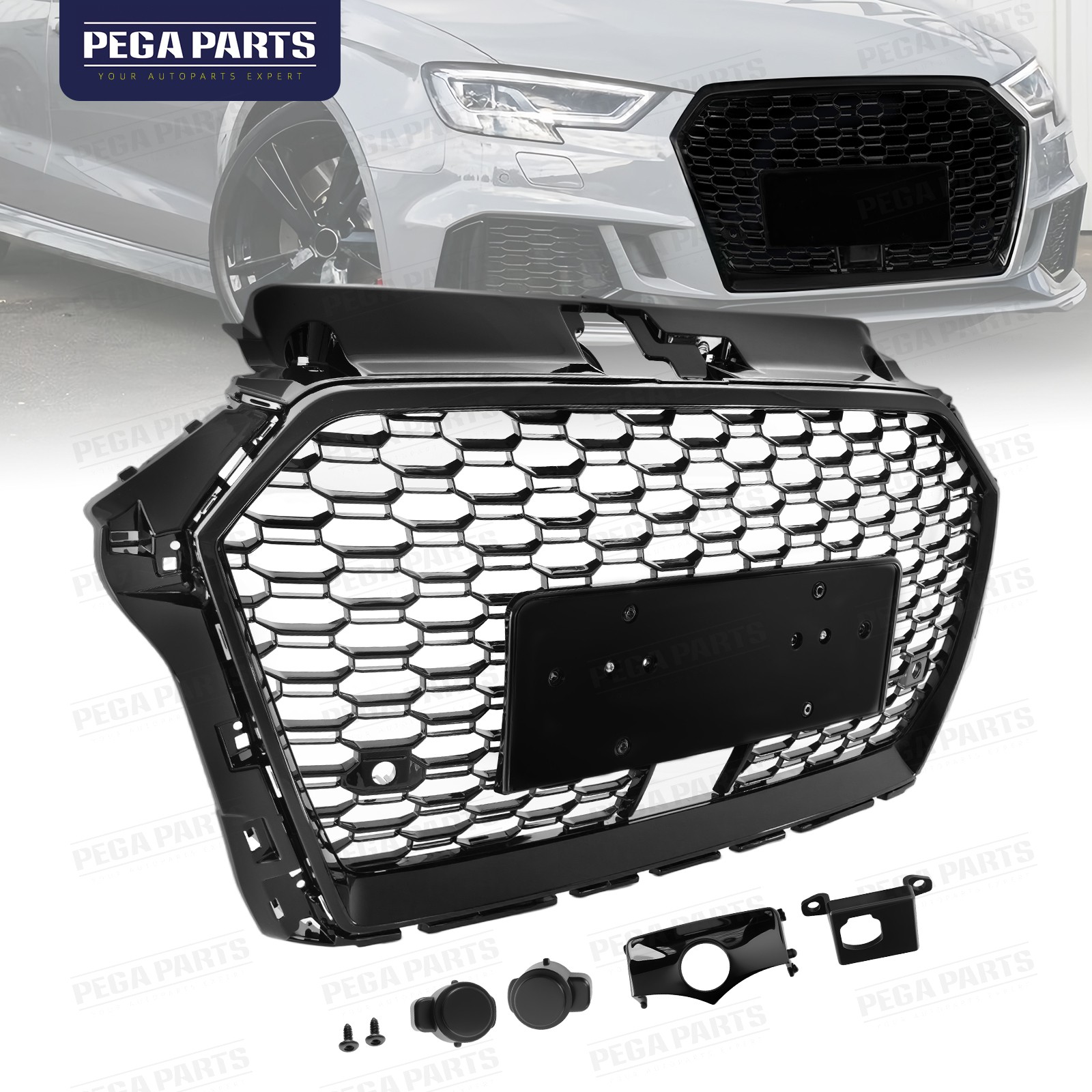 For 2017-20 Audi A3 RS3 Style Front Honeycomb Mesh Grille Gloss Black W/ACC Hole