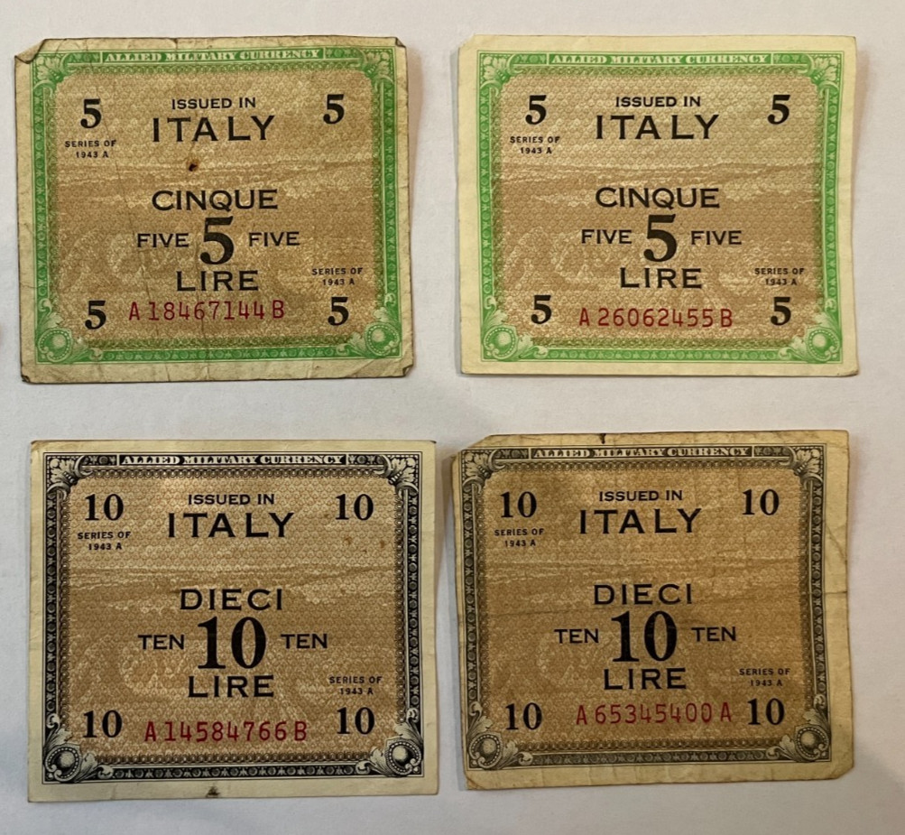 1943 Italy Allied Military Currency – Series A - (2) 5 Lire and (2) 10 Lire
