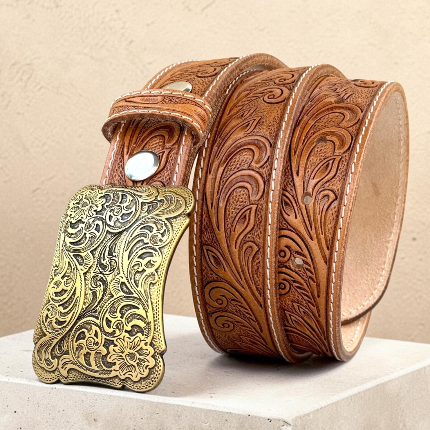 Women\'s Handmade Floral Western Leather Belt, Removable Buckle 1.5\