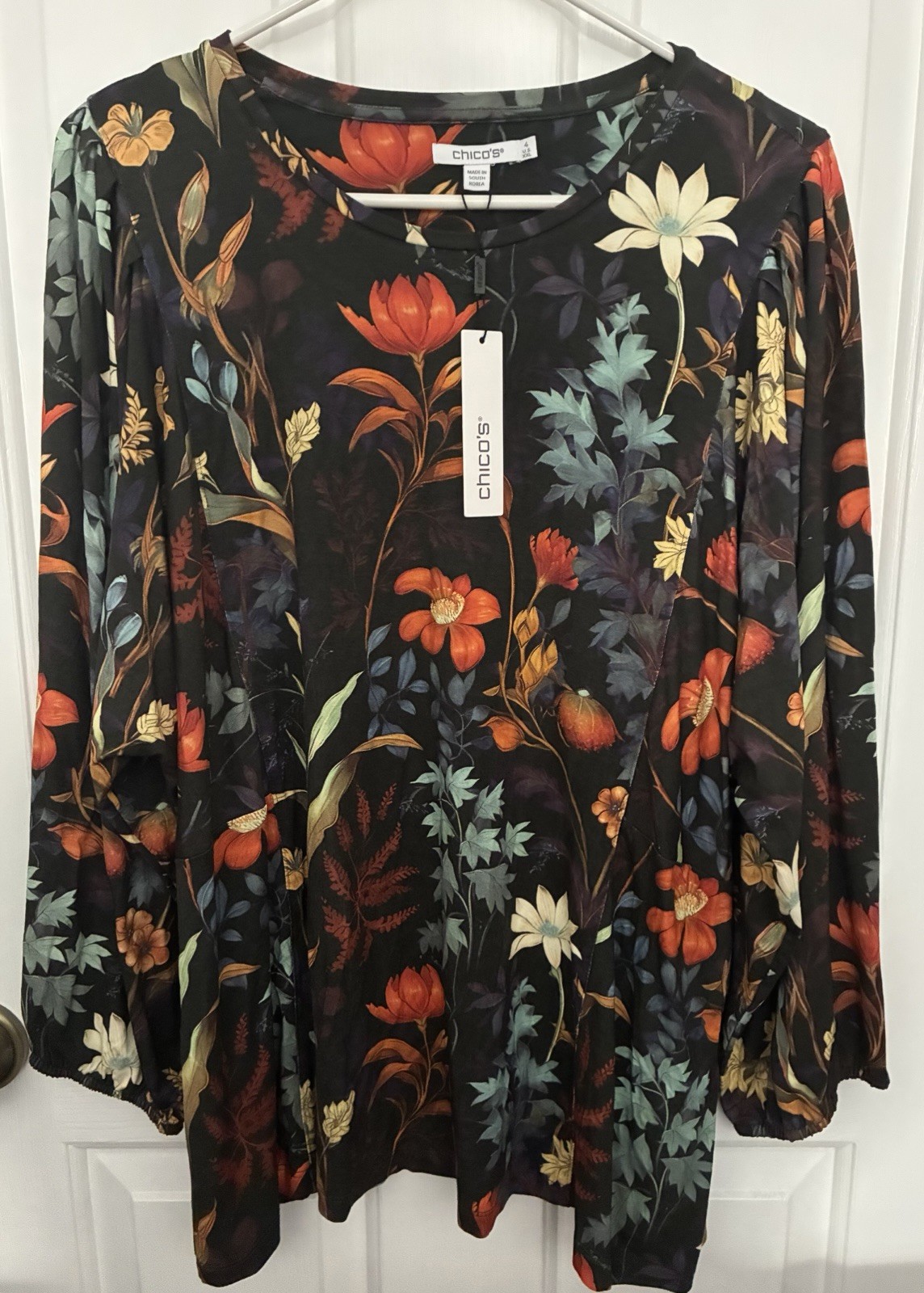 Chico\'s Womens Size 4 (20/22) Black Orange Green Floral Top Tunic Touch of Cool