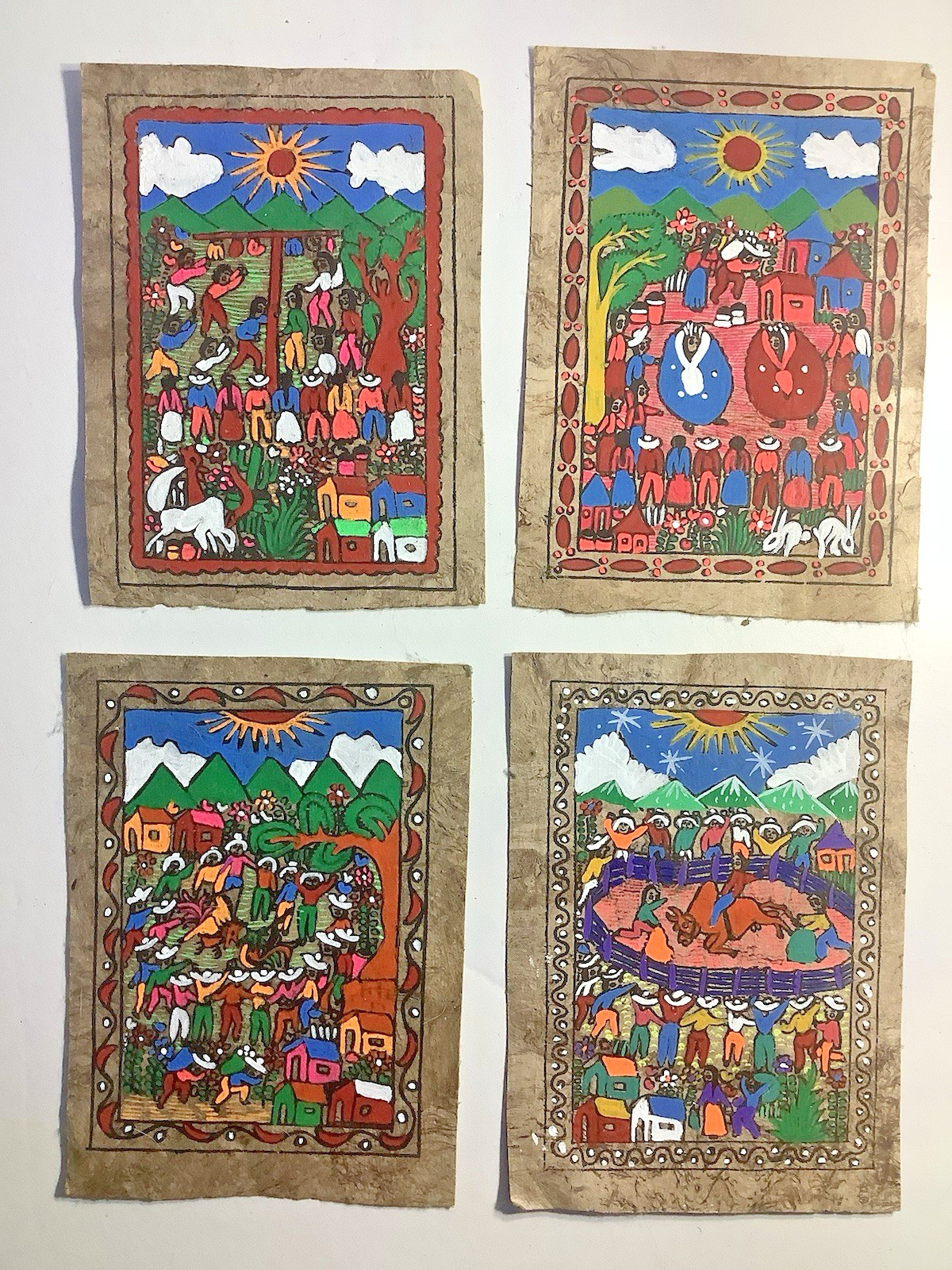 Mexican Amate Bark Folk Art Handmade Painting - Celebration - Four Pieces 6 x 8