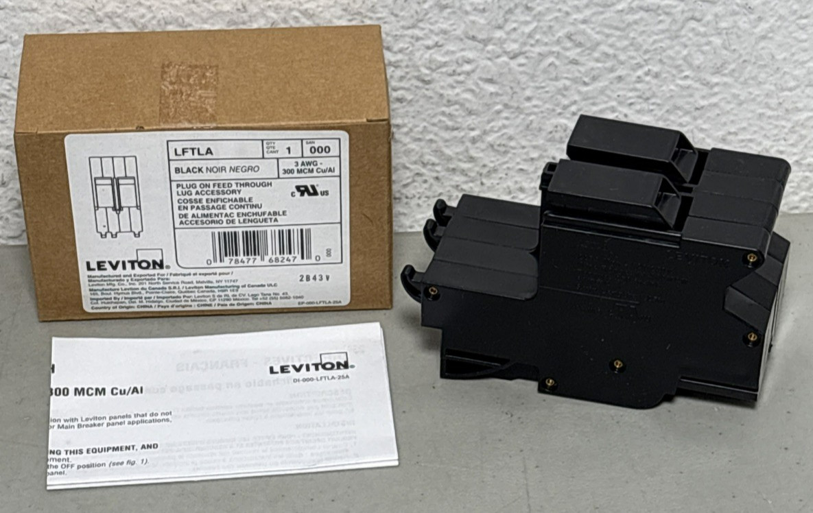 Leviton LFTLA Black Plug On Feed Through Lug Accessory 3 AWG - New in Box