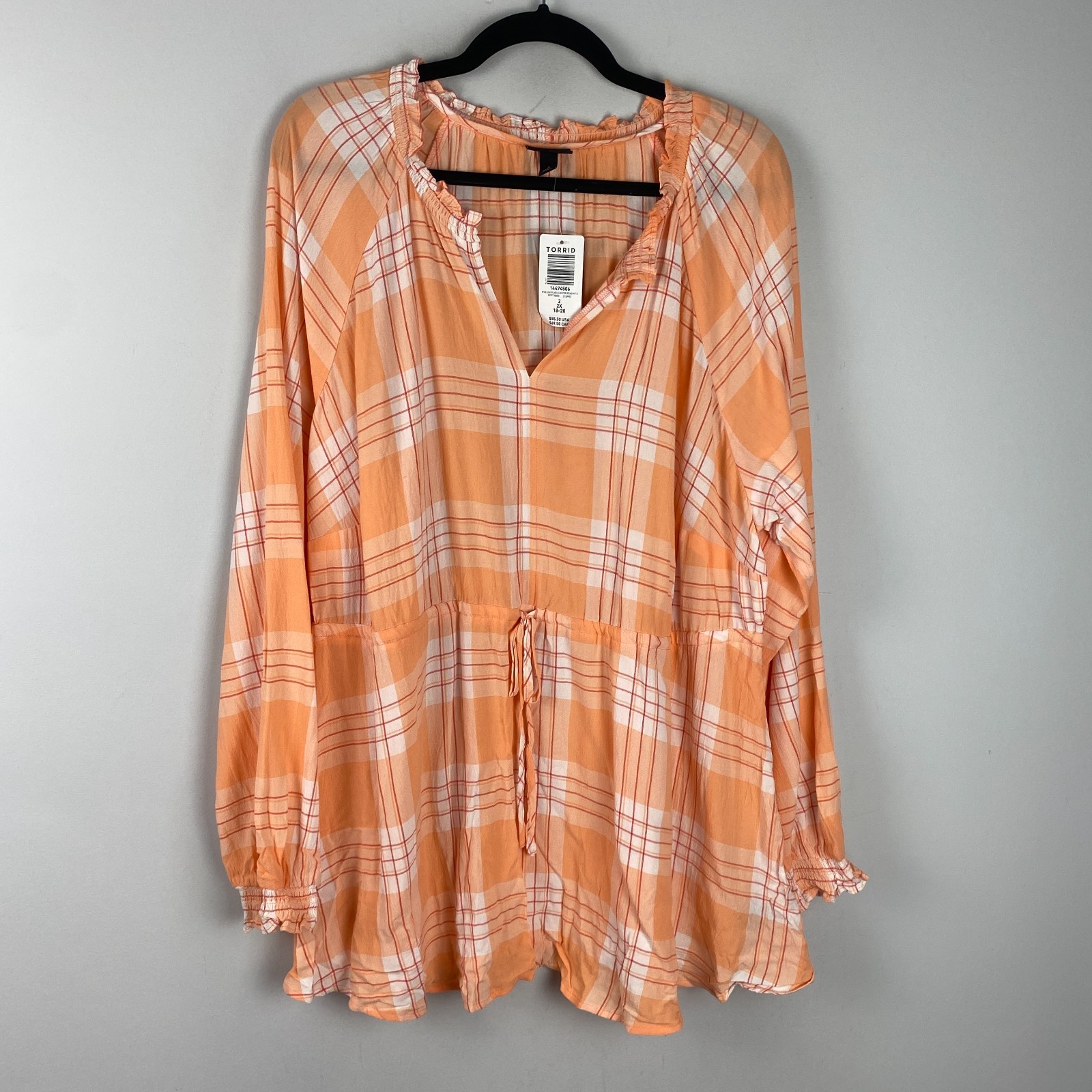 Torrid Ester Peasant Blouse Size 2X Blush Plaid Popover Tunic Tie Waist