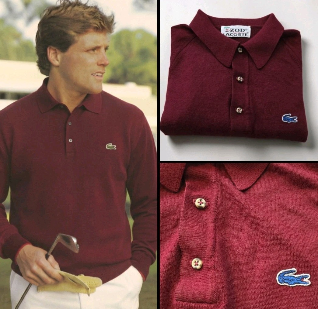 Vtg 80\'s Lacoste Men\'s Polo Pullover Sweater Burgundy Alligator Acrylic Size S
