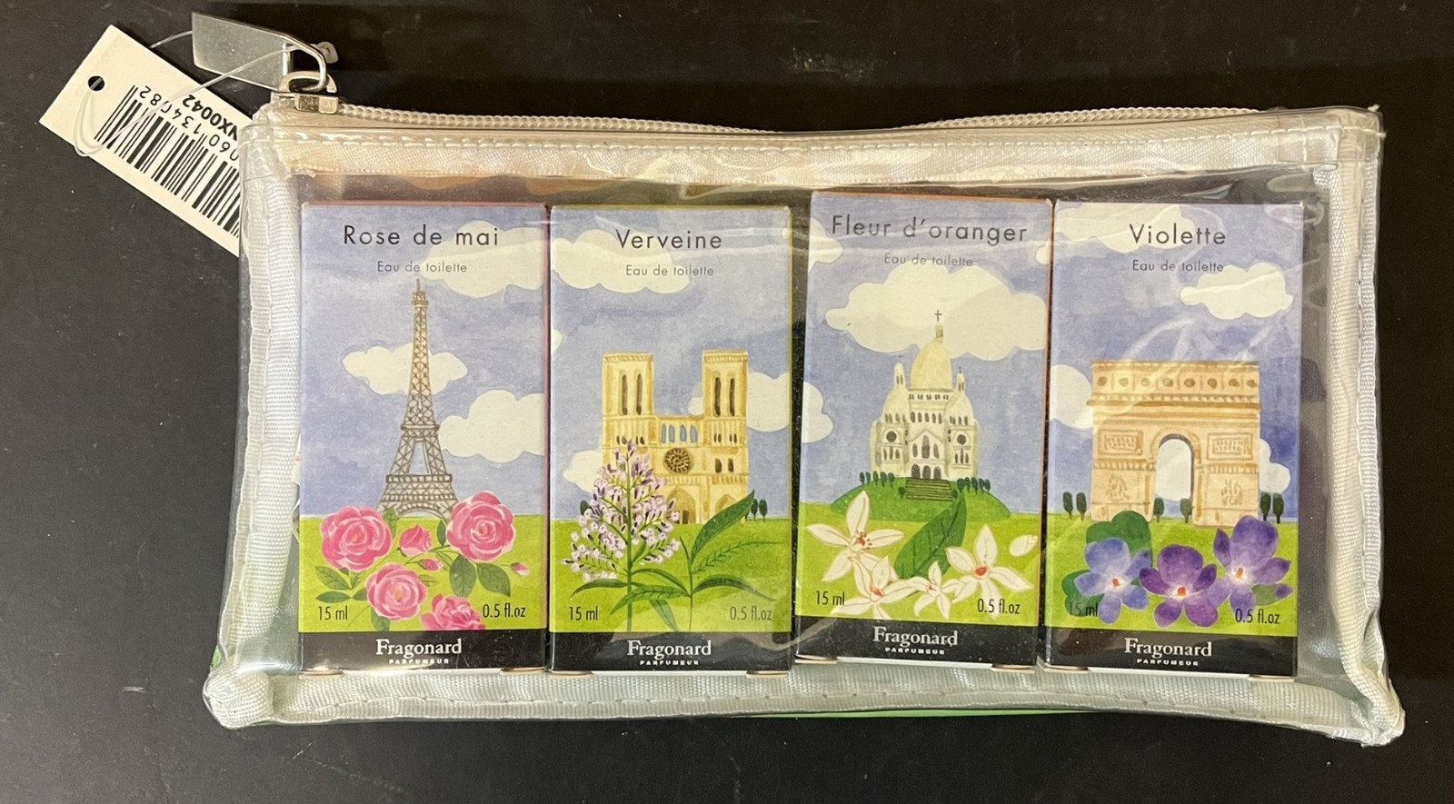 Fragonard Pouch with 4 perfume 15 ml Violet May Rose Orange Blossom Verveine Fragonard Pouch with 4 perfume 15 ml Violet May Rose Orange Blossom Verveine