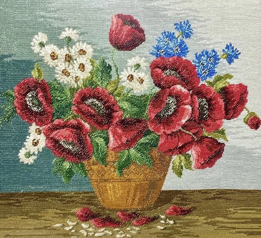 Vtg MCM Framed Wall Art Floral NeedlePoint Xl 25”x42” OOAK Cottage Flowers Decor