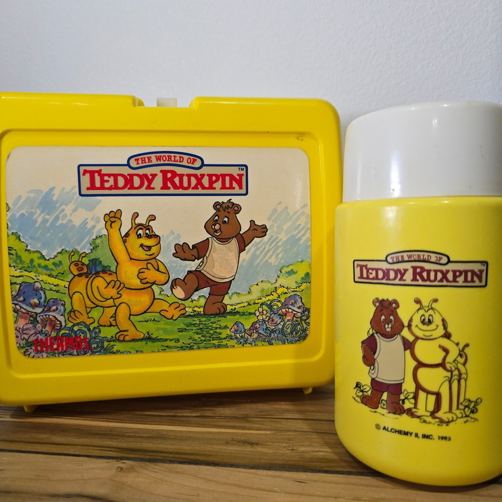 Vintage 1985 Teddy Ruxpin Lunchbox w/ Thermos Yellow Alchemy II Thermos Brand Vintage 1985 Teddy Ruxpin Lunchbox w/ Thermos Yellow Alchemy II Thermos Brand