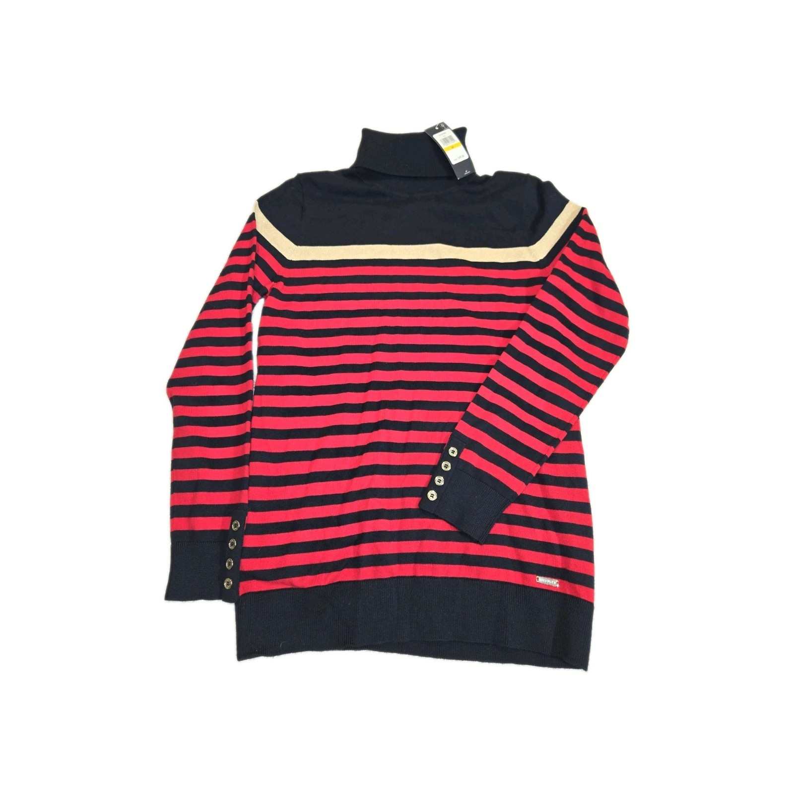 Tommy Hilfiger Womens Navy Red Gold Striped Turtleneck Sweater Size M Button
