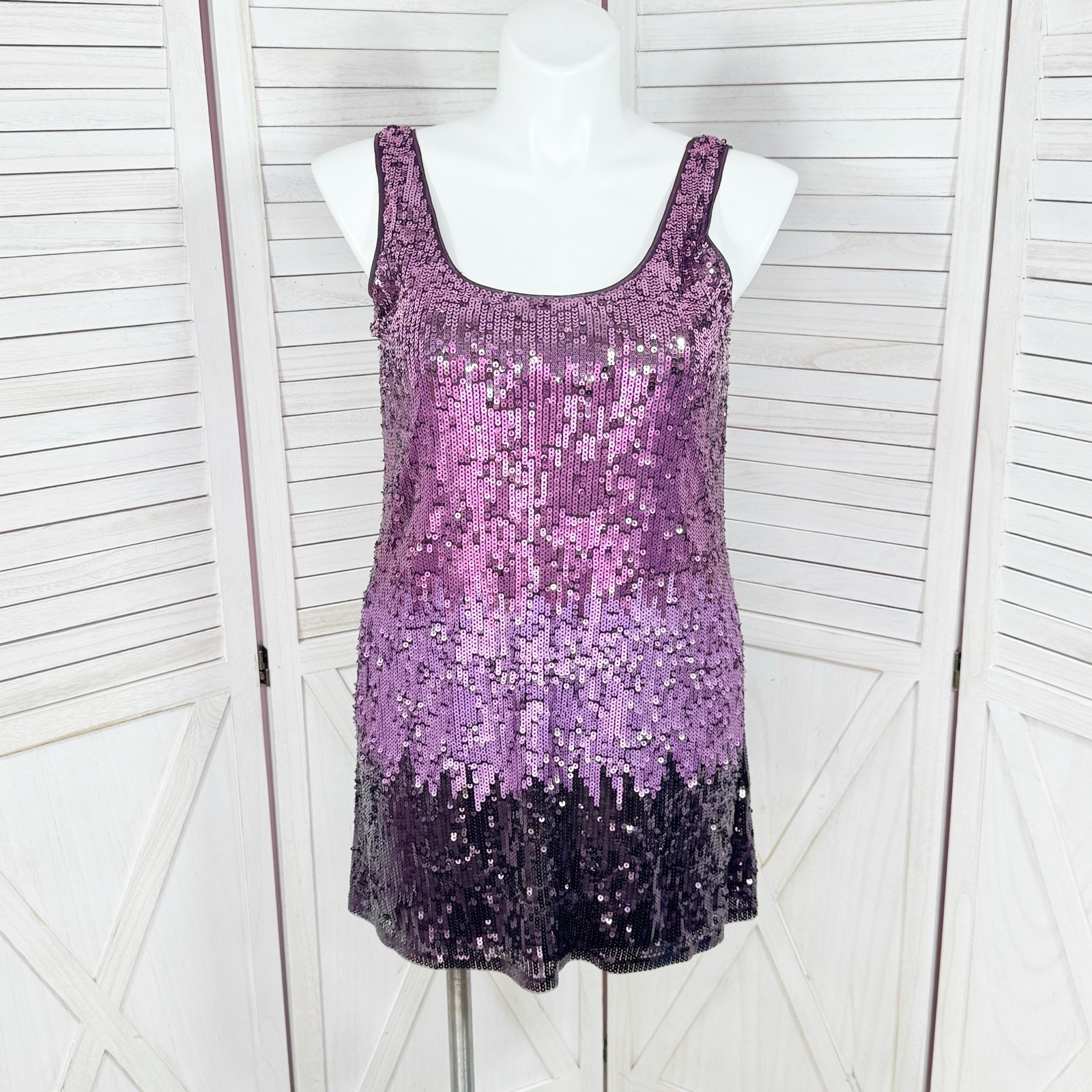 Express Sequin Dress Large Purple Pink Ombre Mini Tank Sleeveless Party Cocktail