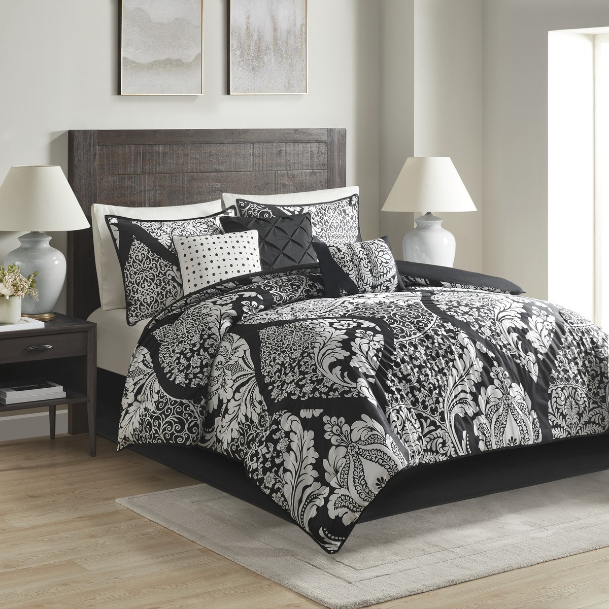 7 Piece Cotton Printed Comforter Set Black King