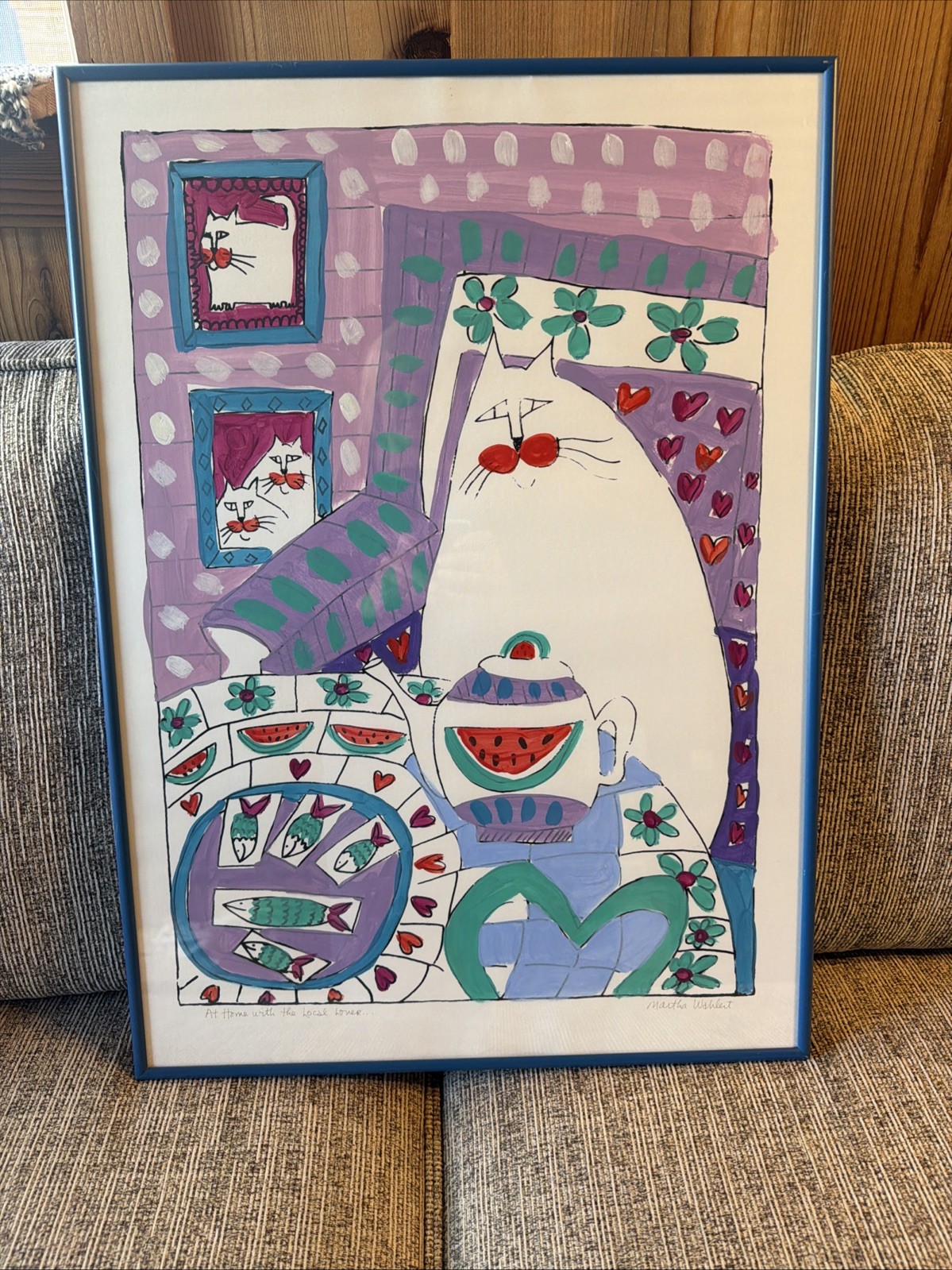 Vintage MARTHA WAHLERT Hand Painted Over Paper  Framed  25 X 18 Rare