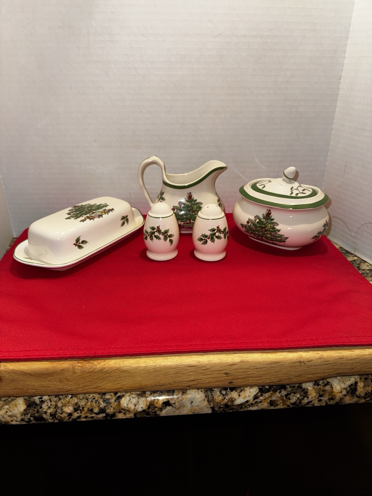 Spode Christmas Tree Creamer Sugar Butter Dish Salt Pepper 5 Pc Set New No Box