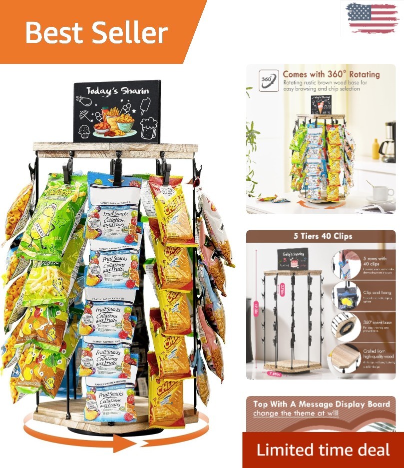 Elegant 5-Tier Chip Rack Display Stand with 40 Clips & 360° Rotating Base