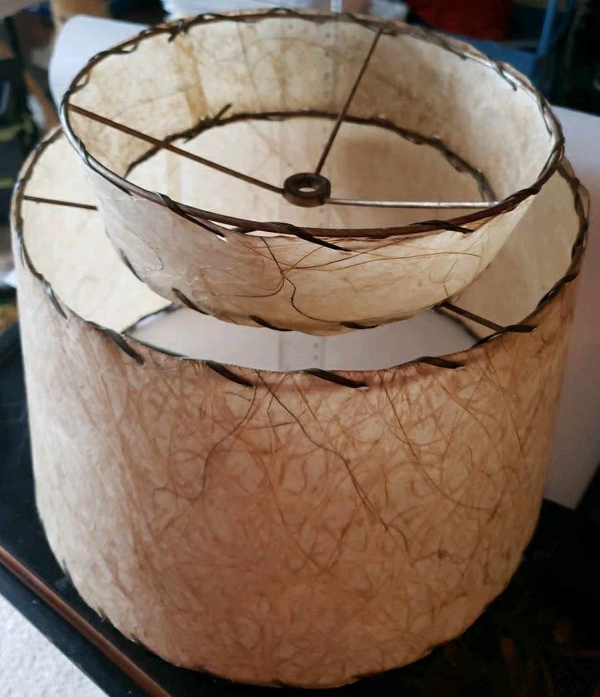 2 Vintage MCM Fiberglass Lamp Shade 2 Tier Whip Stitch Atomic Spaghetti 1950s 2 Vintage MCM Fiberglass Lamp Shade 2 Tier Whip Stitch Atomic Spaghetti 1950s