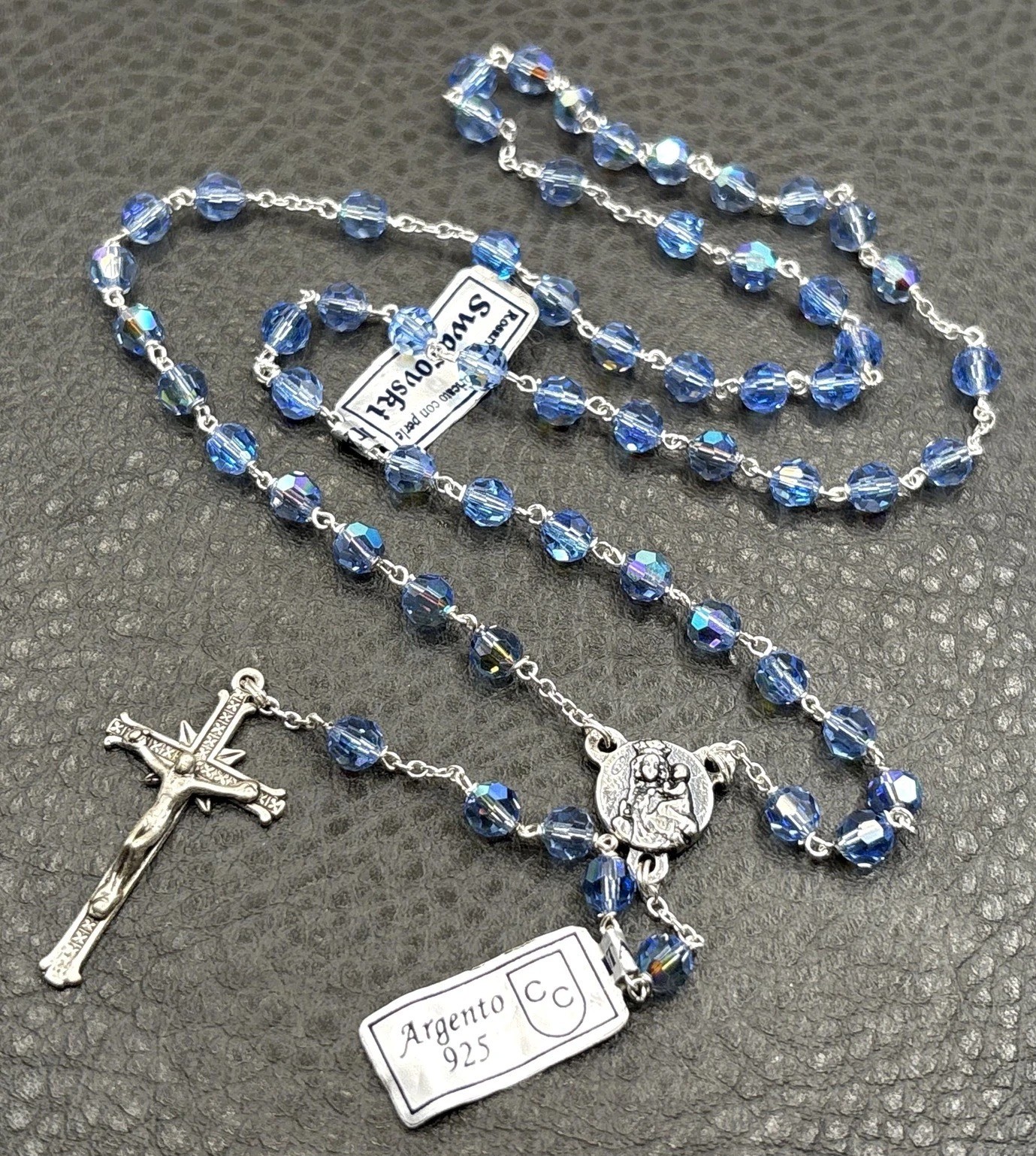 VTG Italian Made With Swarovski Crystal Rosary Sterling Silver Blue AB Beads 21”