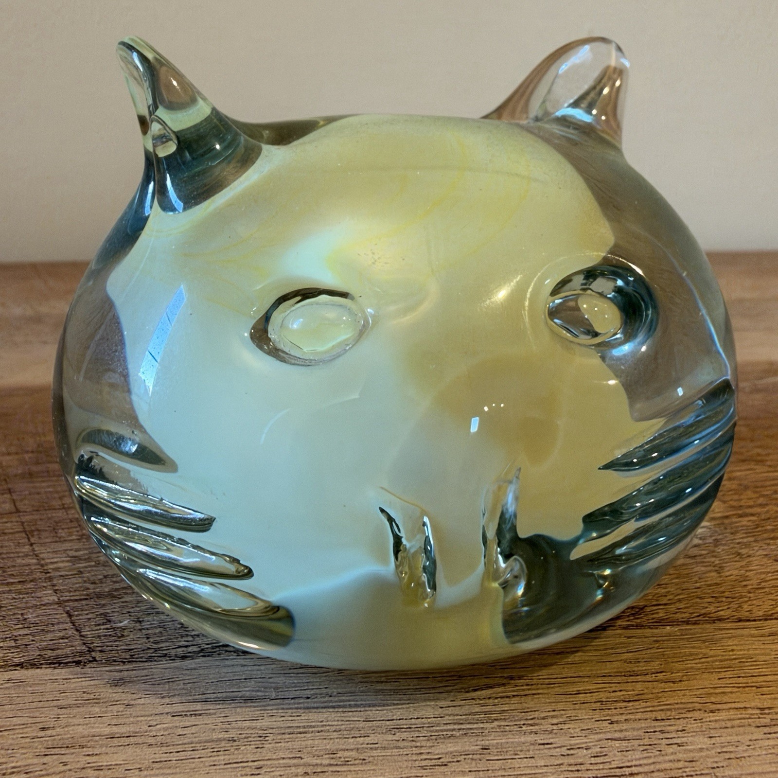 RARE Blenko Cat Face Paperweight Unreleased White/Yellow Warehouse Sample EUC