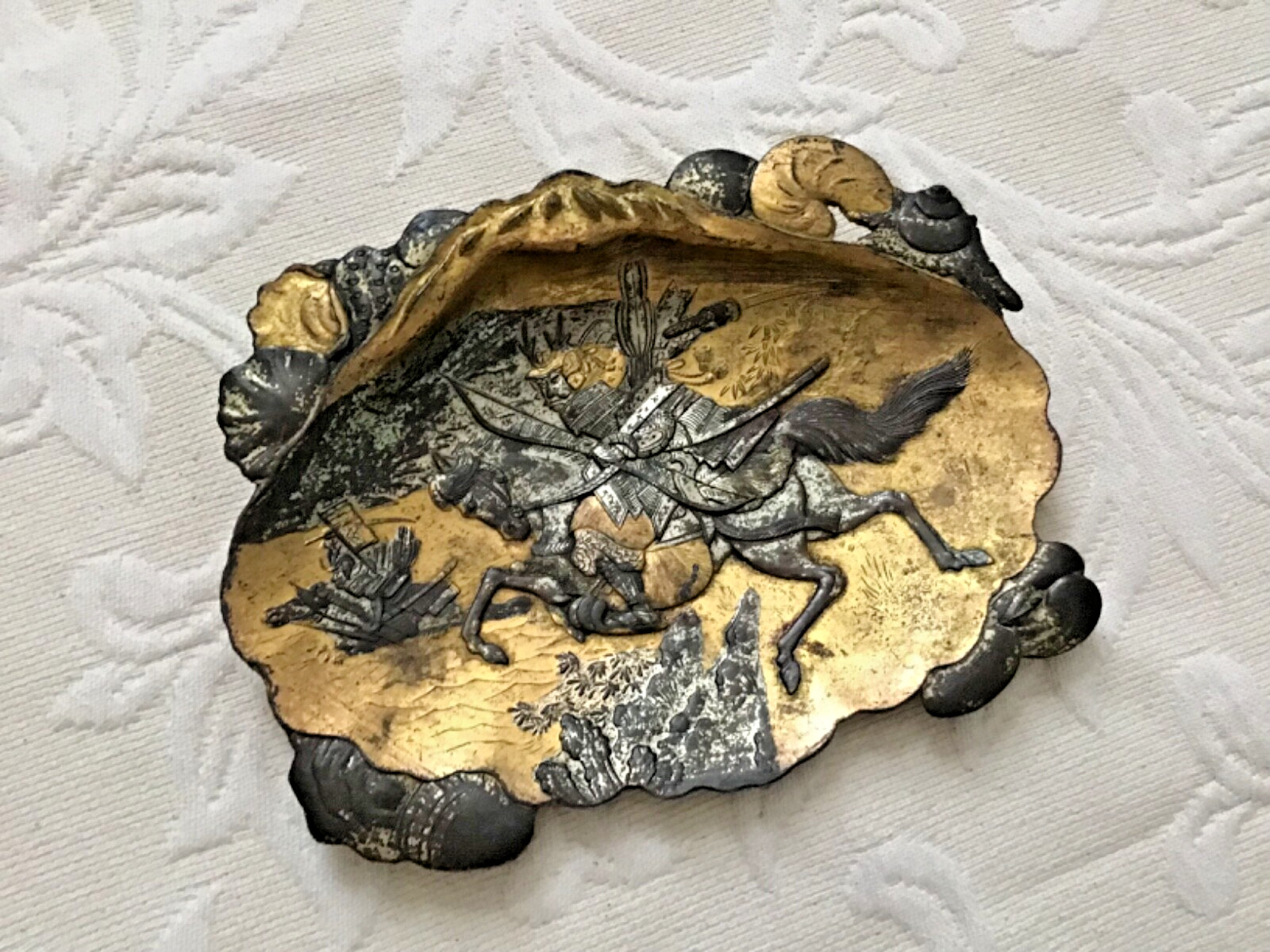 Antique Japanese Mixed Metal Trinket Dish Samurai on Horseback RARE Antique Japanese Mixed Metal Trinket Dish Samurai on Horseback RARE