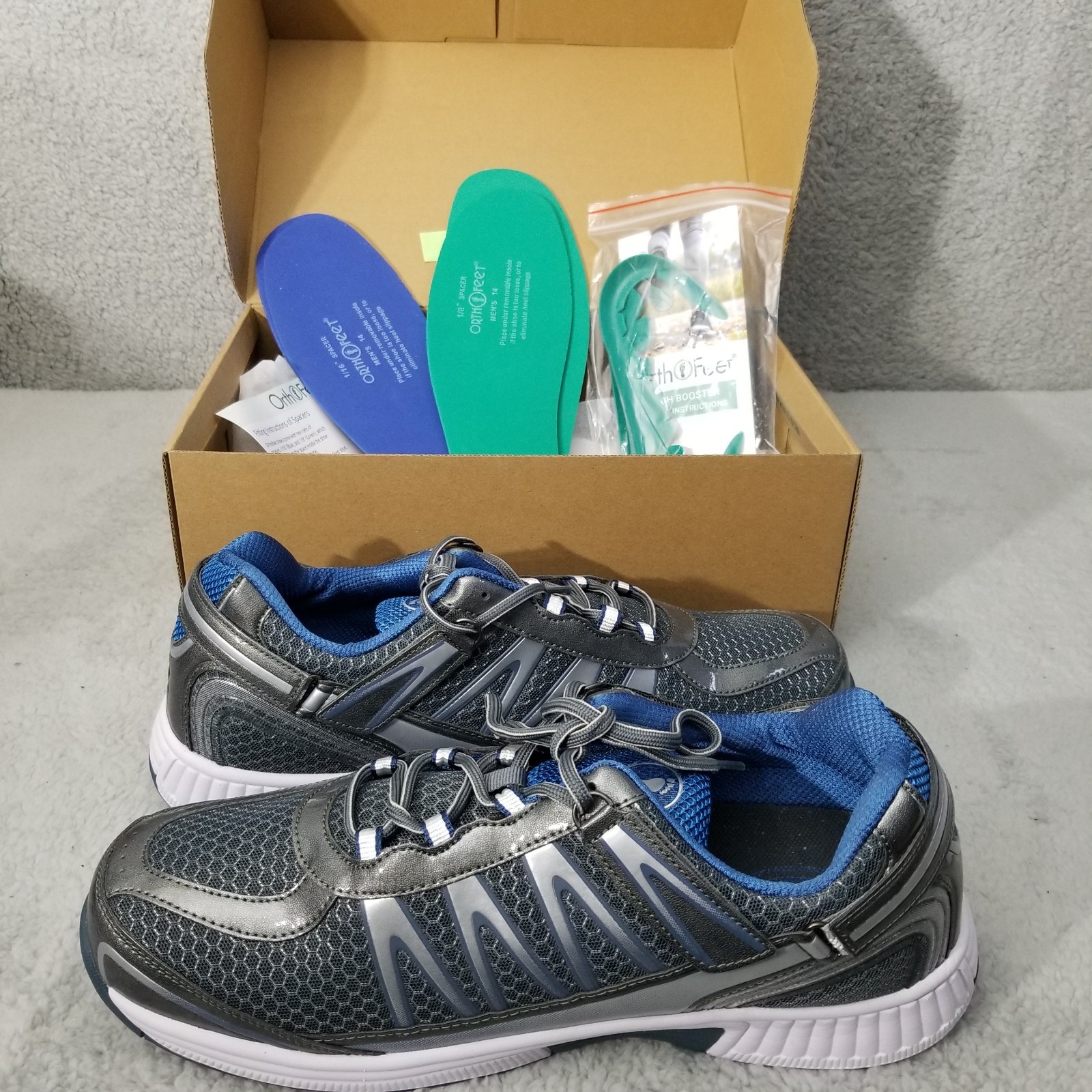 OrthoFeet Men\'s Size 14 2E Extra Wide Gray Blue Sprint Sneakers NEW in BOX