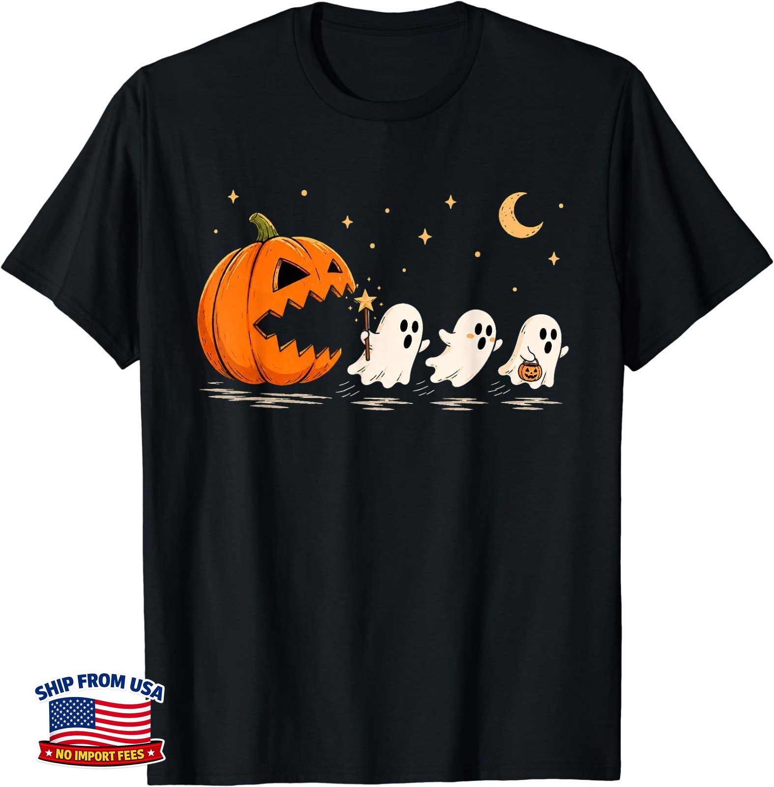 Funny Pumpkin Chasing Ghost Trendy Halloween Spooky Autumn T-Shirt