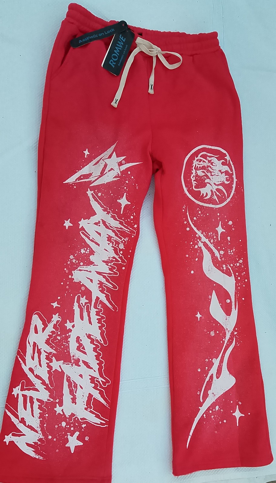 NWT ROMWE Red Wht Bold Graphic Unisex Spring Casual Streetwear Leisure Pants Lg 