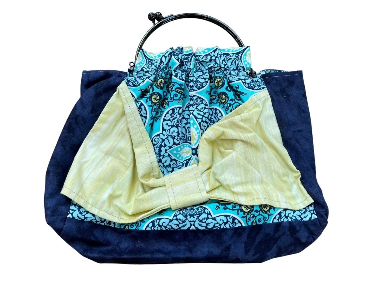 Handmade Kiss Lock Handle Handbag Amy Butler Fabric Blue Teal Floral Satchel