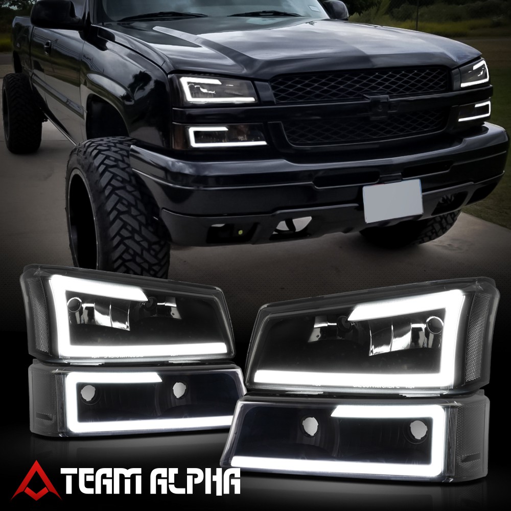 Fits 2003-2007 Silverado/Avalanche {DUAL LED C-BAR} Black/Smoke Headlight+Signal