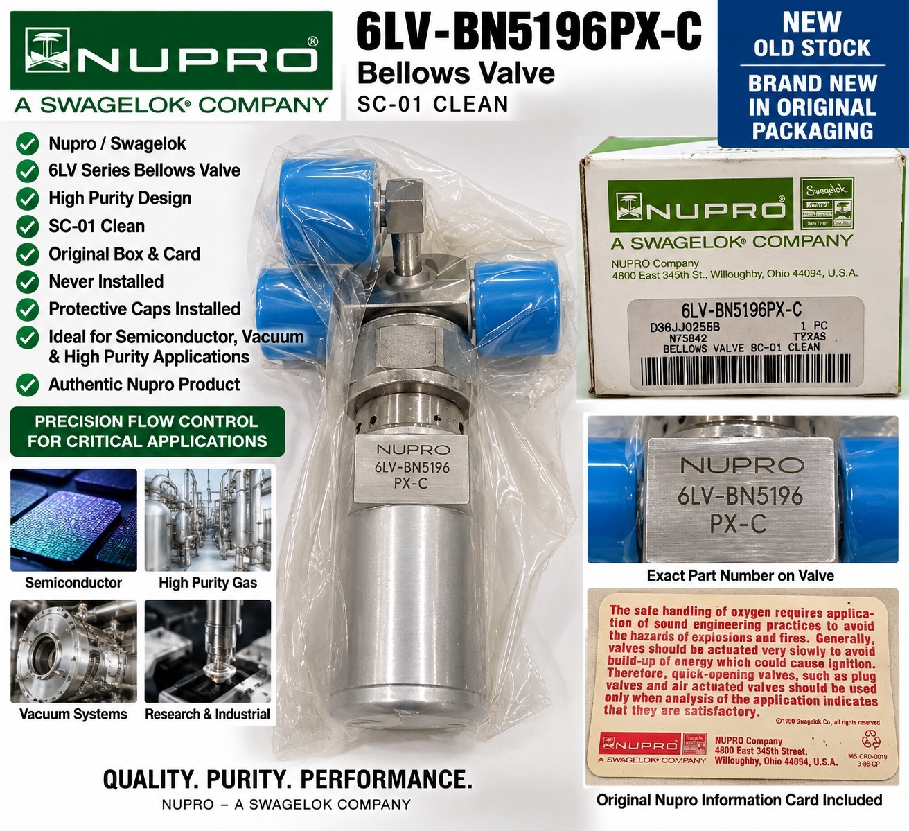 Nupro Swagelok 6LV-BN5196PX-C Bellows Valve SC-01 Clean NOS High Purity