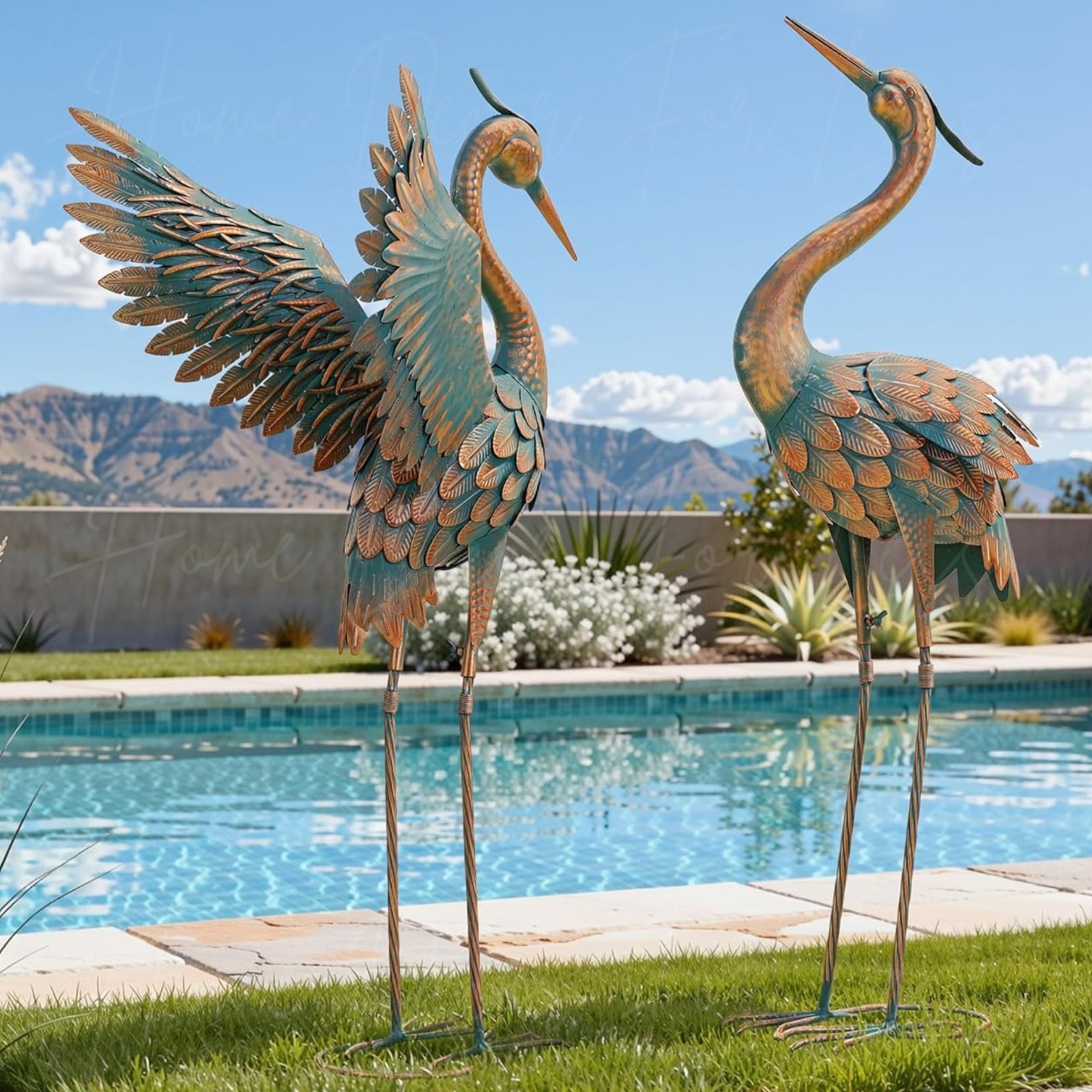 2 Large Crane Garden Statue Metal Heron Sculptures Outdoor Patio Yard Art Decor
