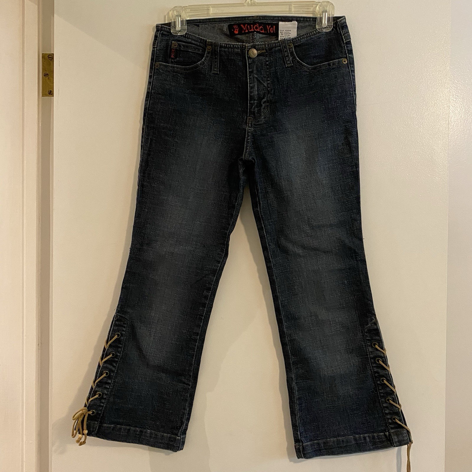 Vintage Y2K Mudd Jeans Lace Up Crop Dark Wash Low Rise Boho Festival Sz 5 Hippie
