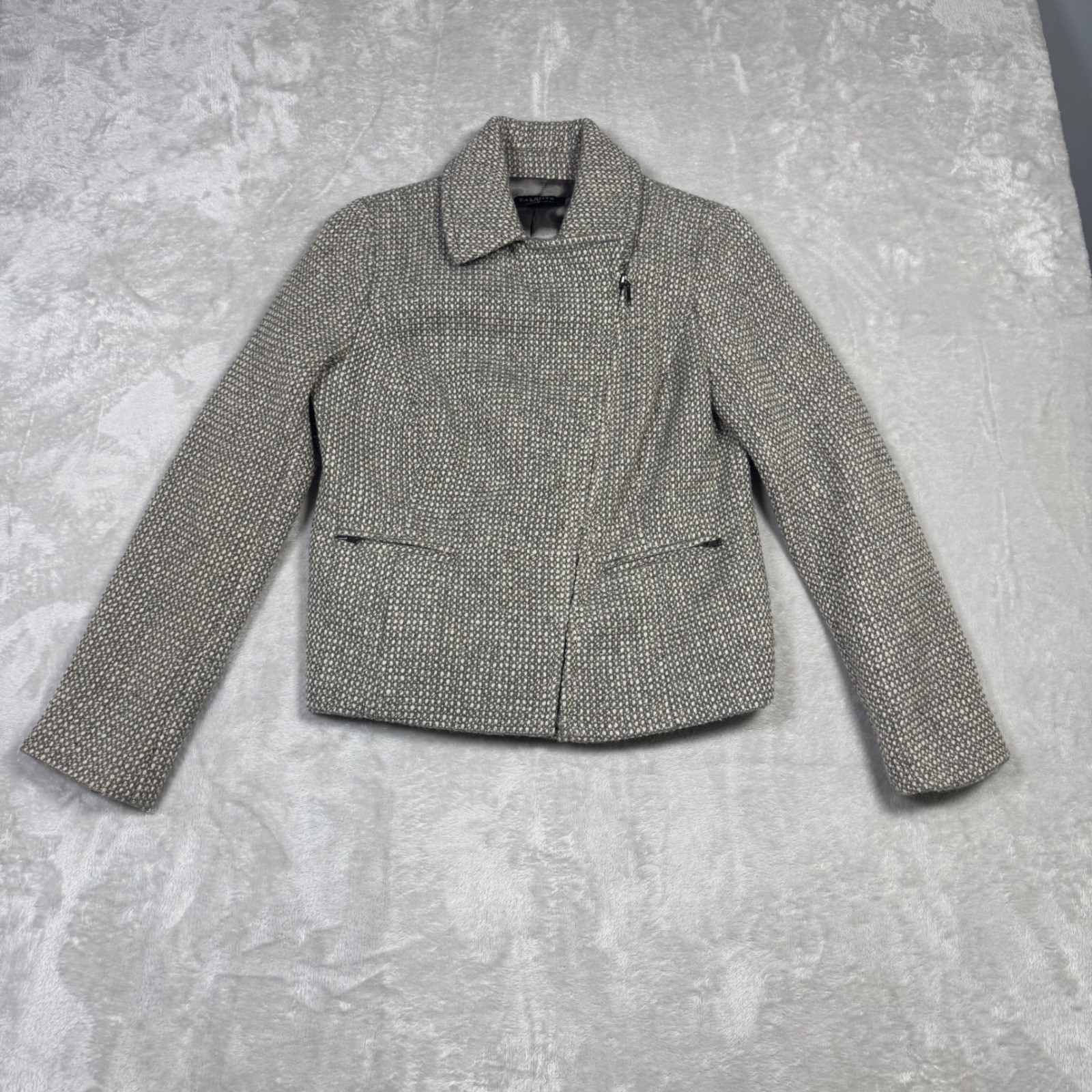 Talbots Petites 4P Gray Tweed Wool Blend Jacket Career Moto Zip Front Metallic