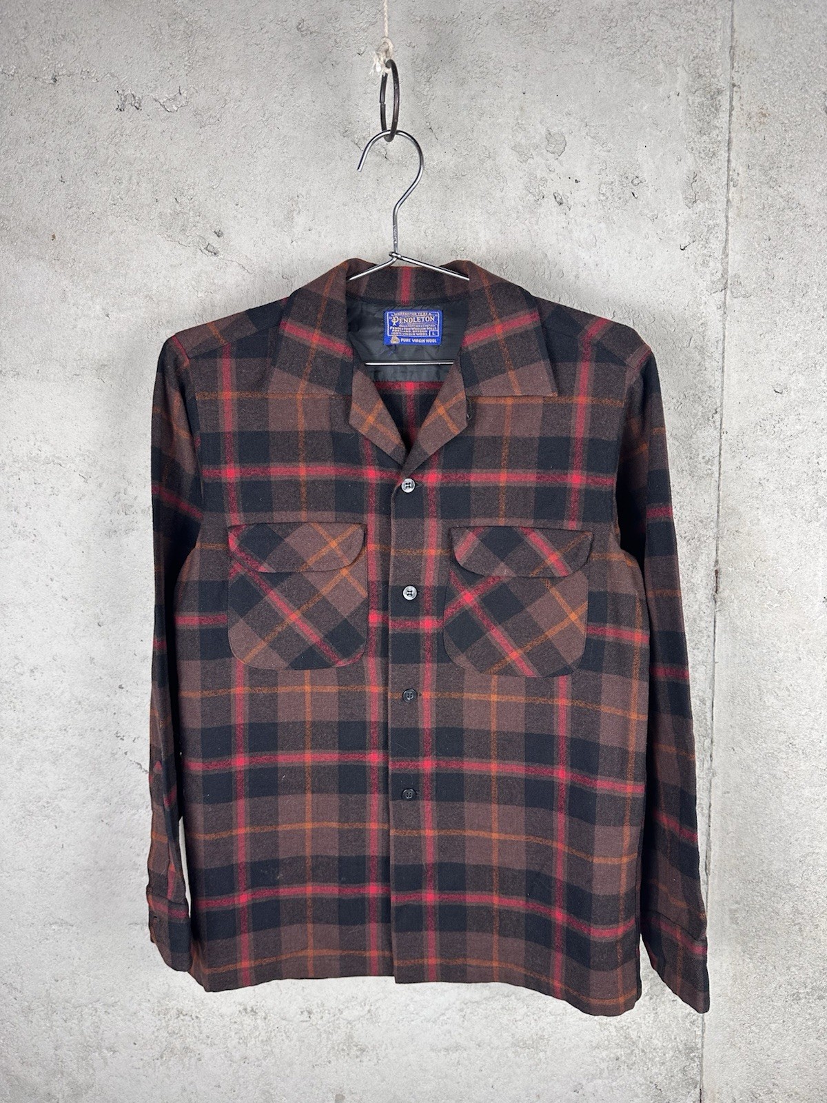 Vintage 70s Pendleton Board Shirt Wool Dark Red Plaid Loop Collar Size Small