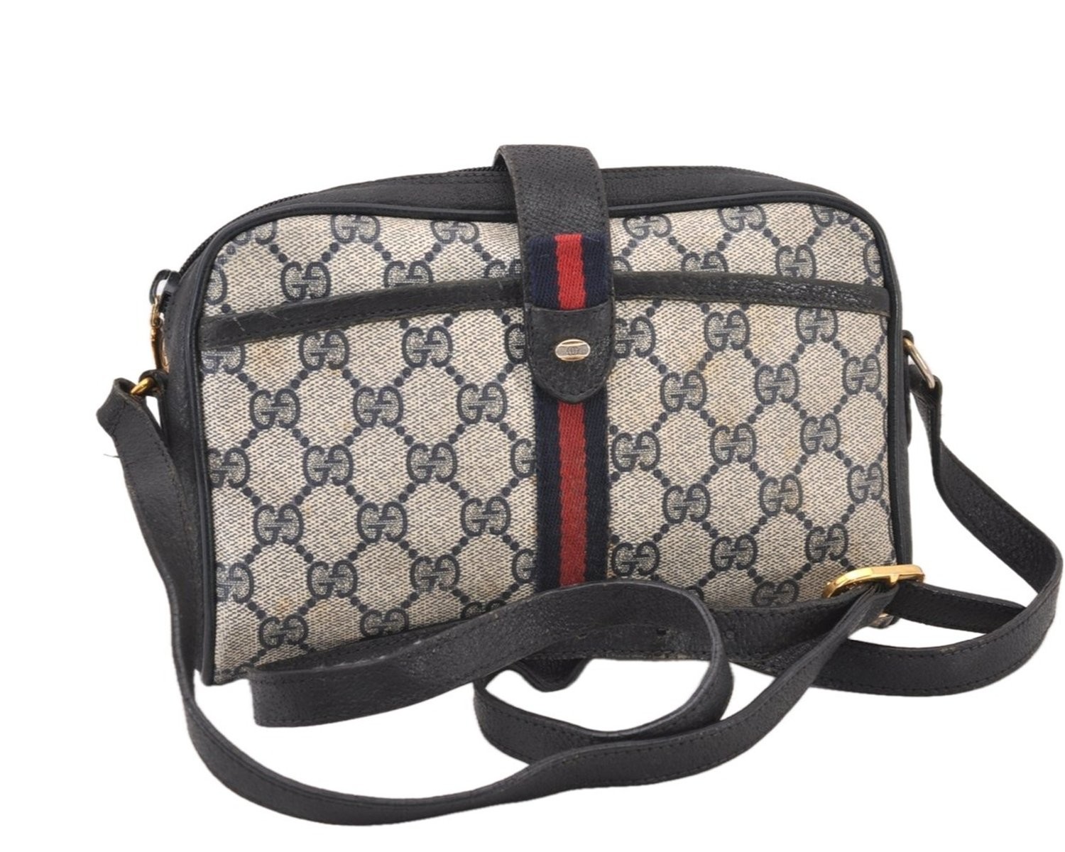 Authentic GUCCI Sherry Line Shoulder Cross Bag GG PVC Leather Navy Blue 563AB Authentic GUCCI Sherry Line Shoulder Cross Bag GG PVC Leather Navy Blue 563AB