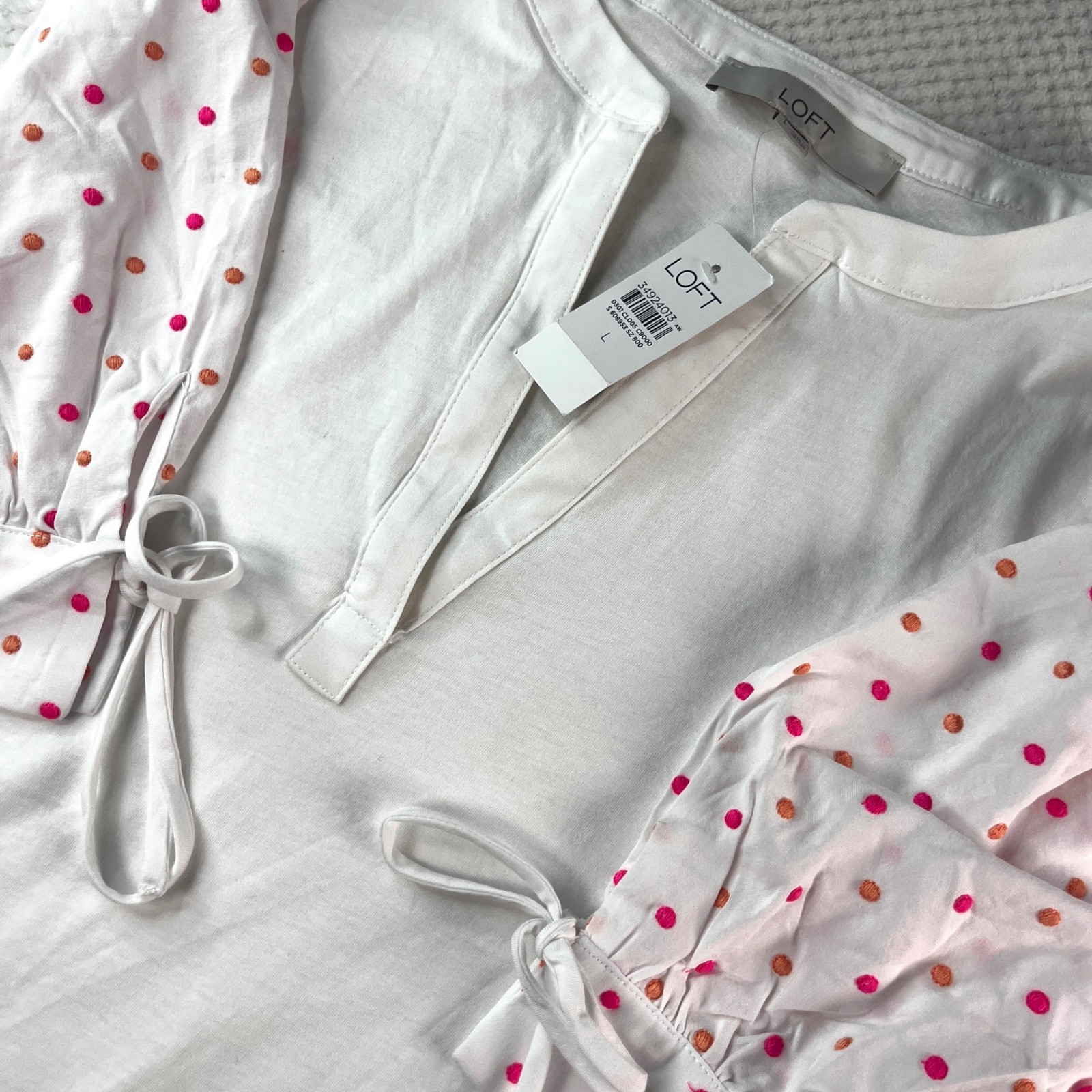 LOFT Women White Puff Sleeve Polka Dot Embroidered NWT Large small mark on shirt LOFT Women White Puff Sleeve Polka Dot Embroidered NWT Large small mark on shirt