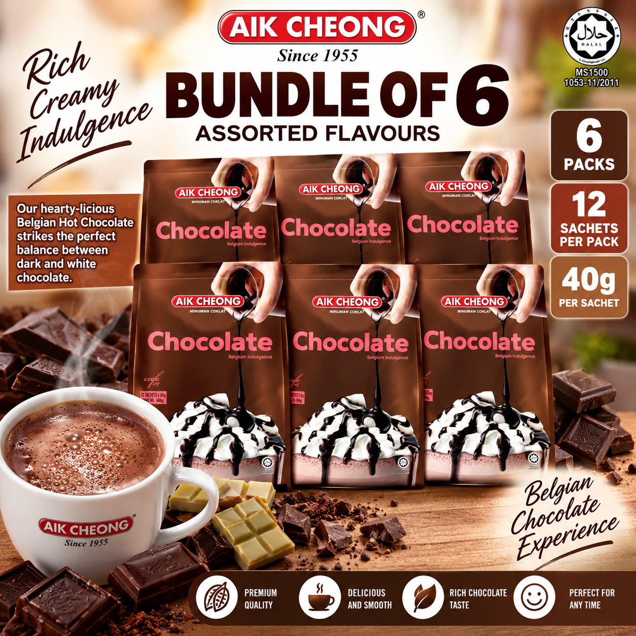 6 x Aik Cheong 3 in 1 Hot Chocolate Drink 40g x 12 Sachets Halal