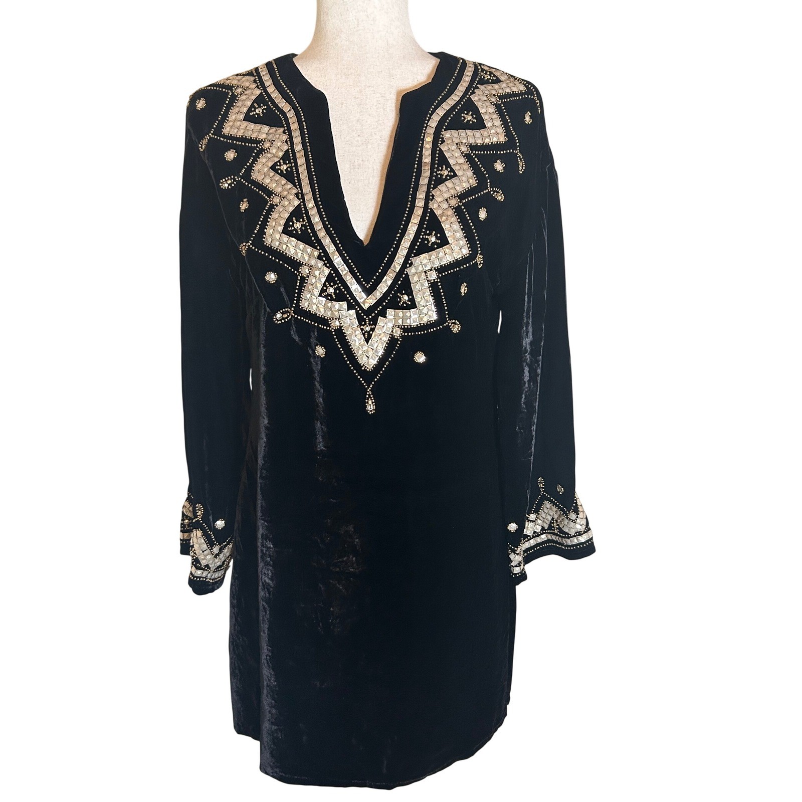 Vintage Collection Velvet Dress Women Sml  Black Beaded Mirror Embellished Tunic