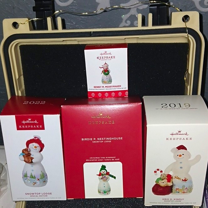 Hallmark Keepsake Snowtop Lodge Snowman Porcelain Hanging Ornament Lot of 4