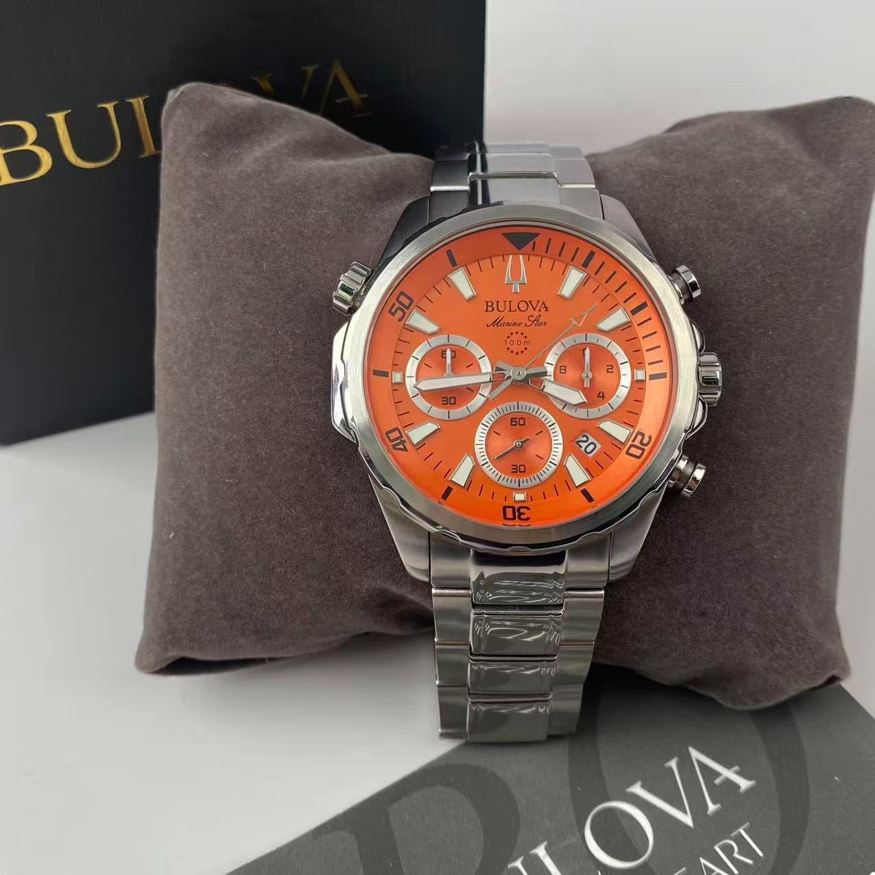 New w/box Bulova Marine Star 96B395 Orange Dial Men’s Chronograph Quartz Watch