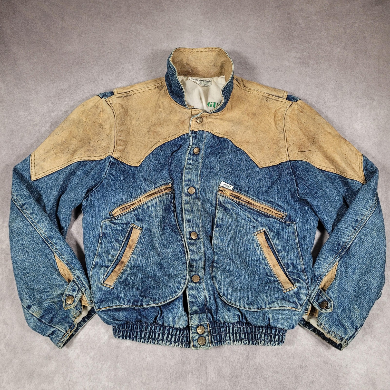 Vintage Georges Marciano Guess Jacket Mens Small Blue Denim Leather Mcfly USA 86