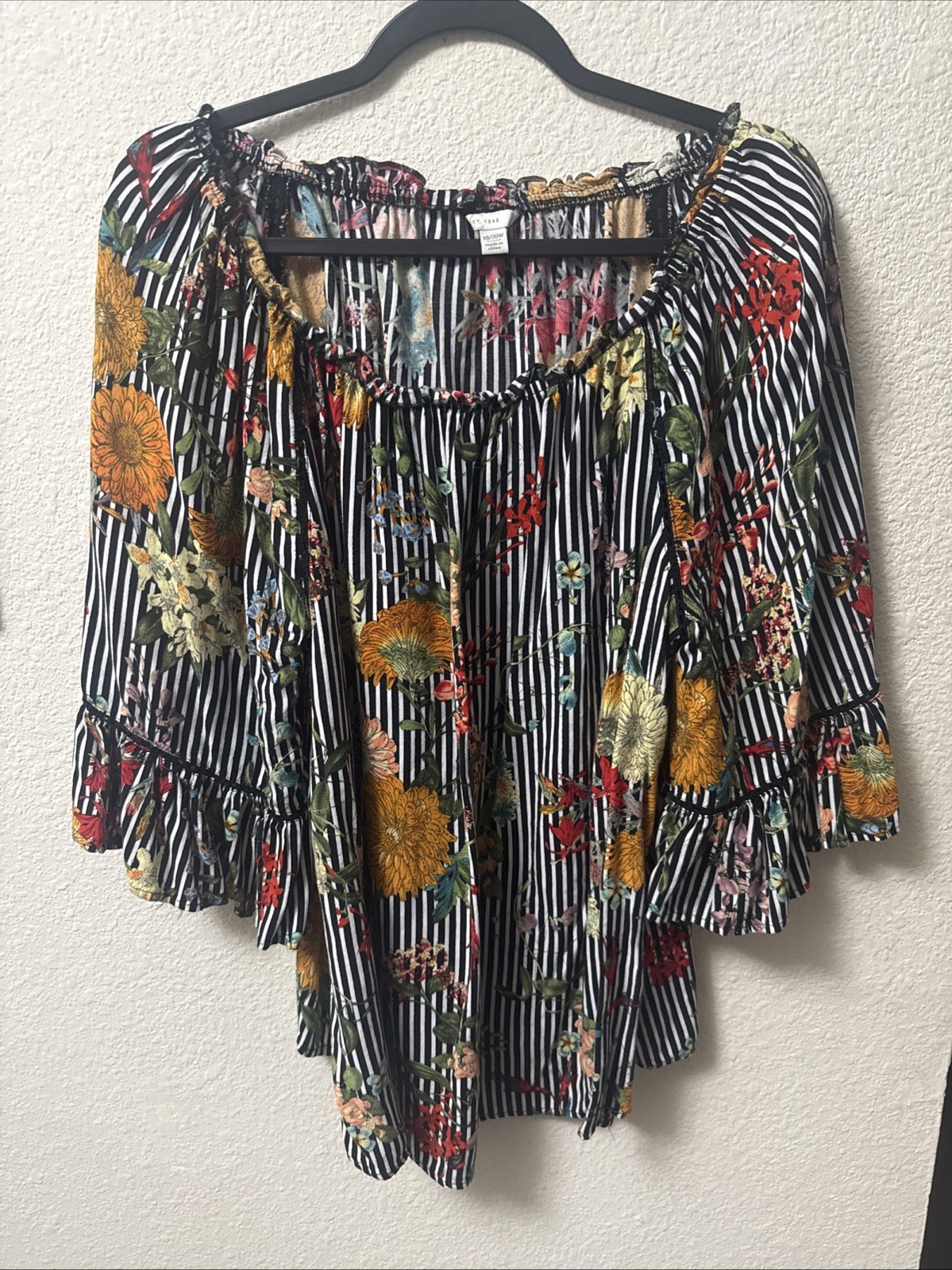 Cato 18/20 Women’s Floral Bell Sleeve Black And White Striped Blouse