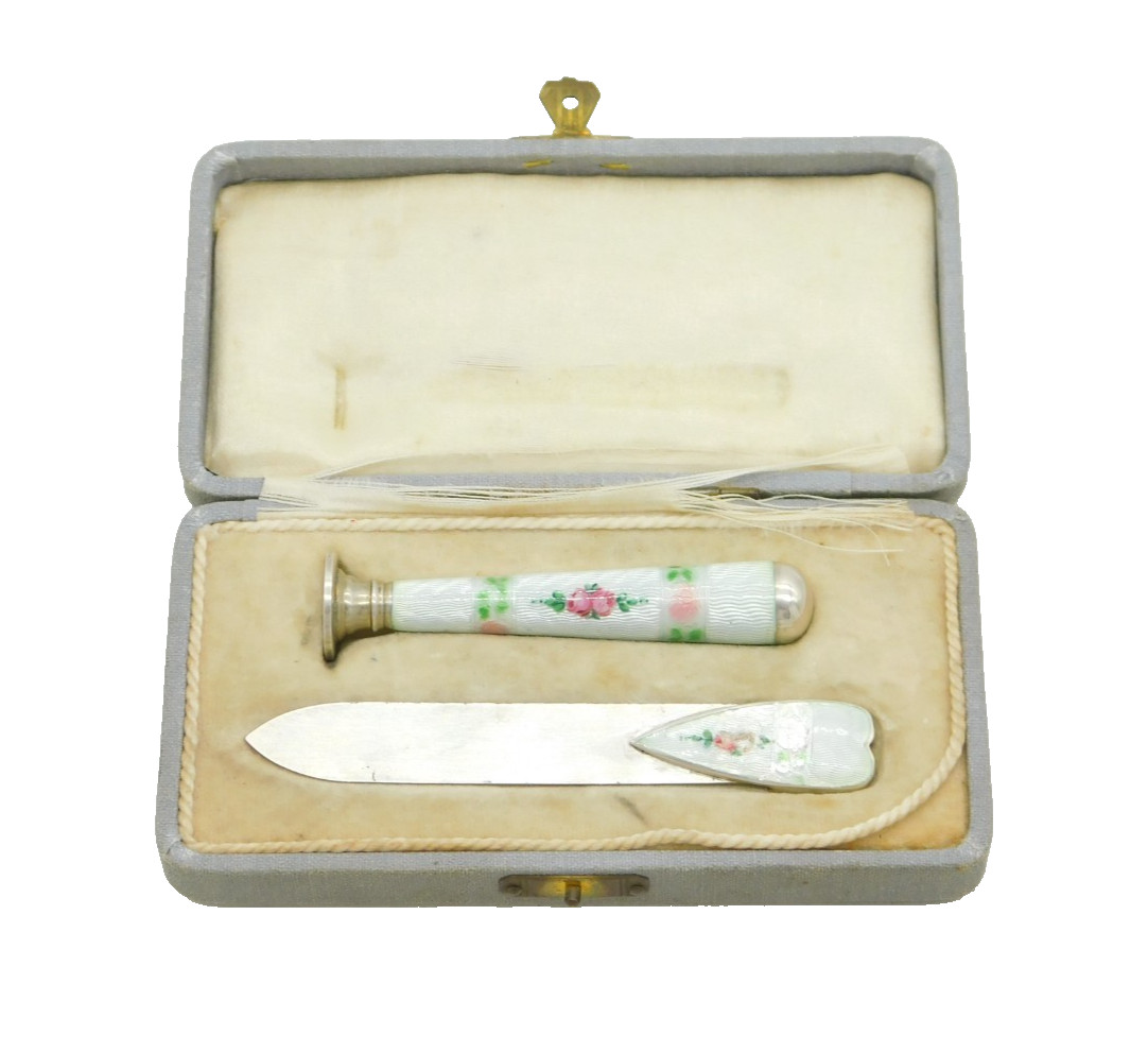 20th Century Boxed .935 Silver & Enamel Bookmark & Seal Set Antique c1920s