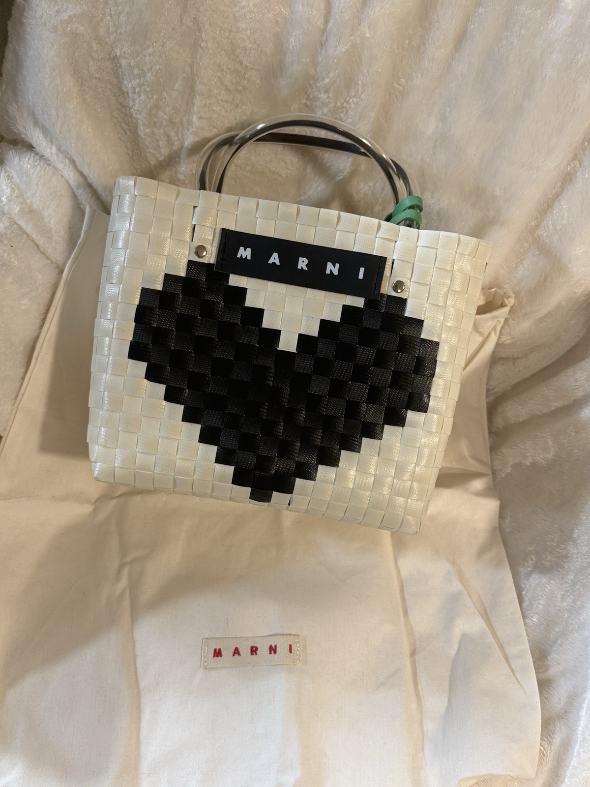 MARNI MARKET Tape Basket Bag Black Heart Love Woven Tote Handbag