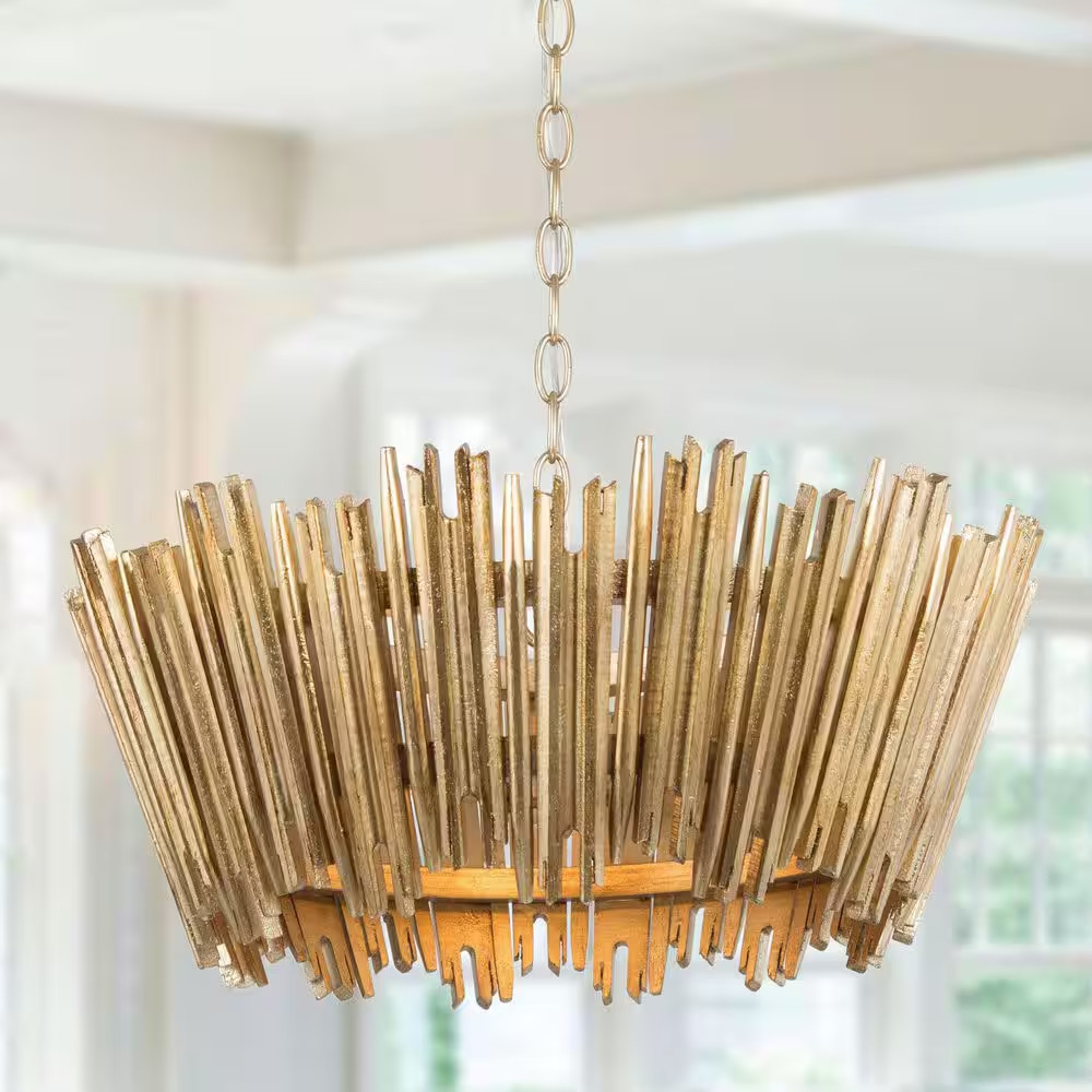 Uolfin Modern Antique Gold Drum Island Chandelier with Handmade Wood Strips