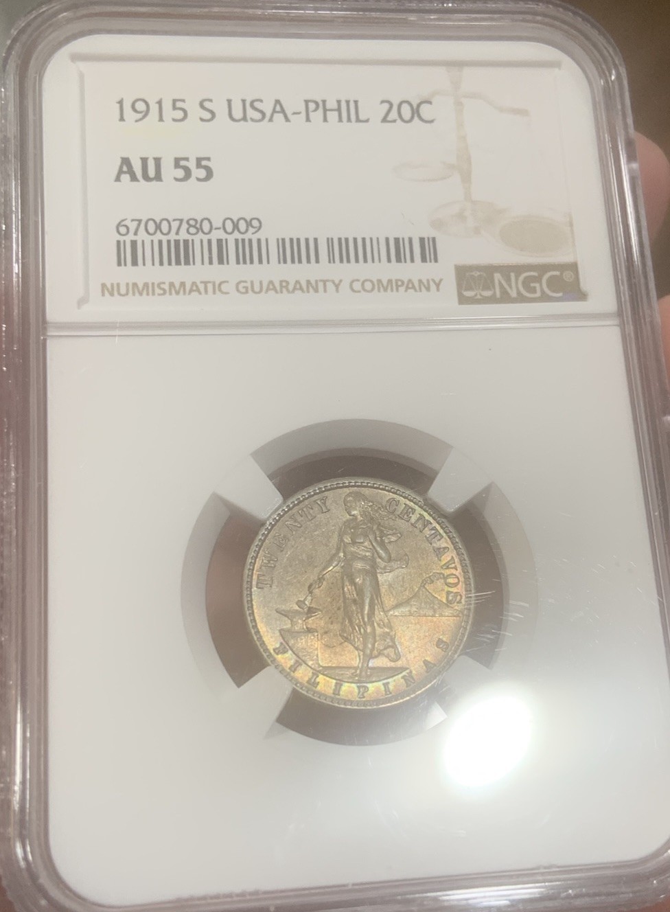 1915-S US Philippines Twenty Centavos NGC MS AU-55 KEY DATE Very Scarce